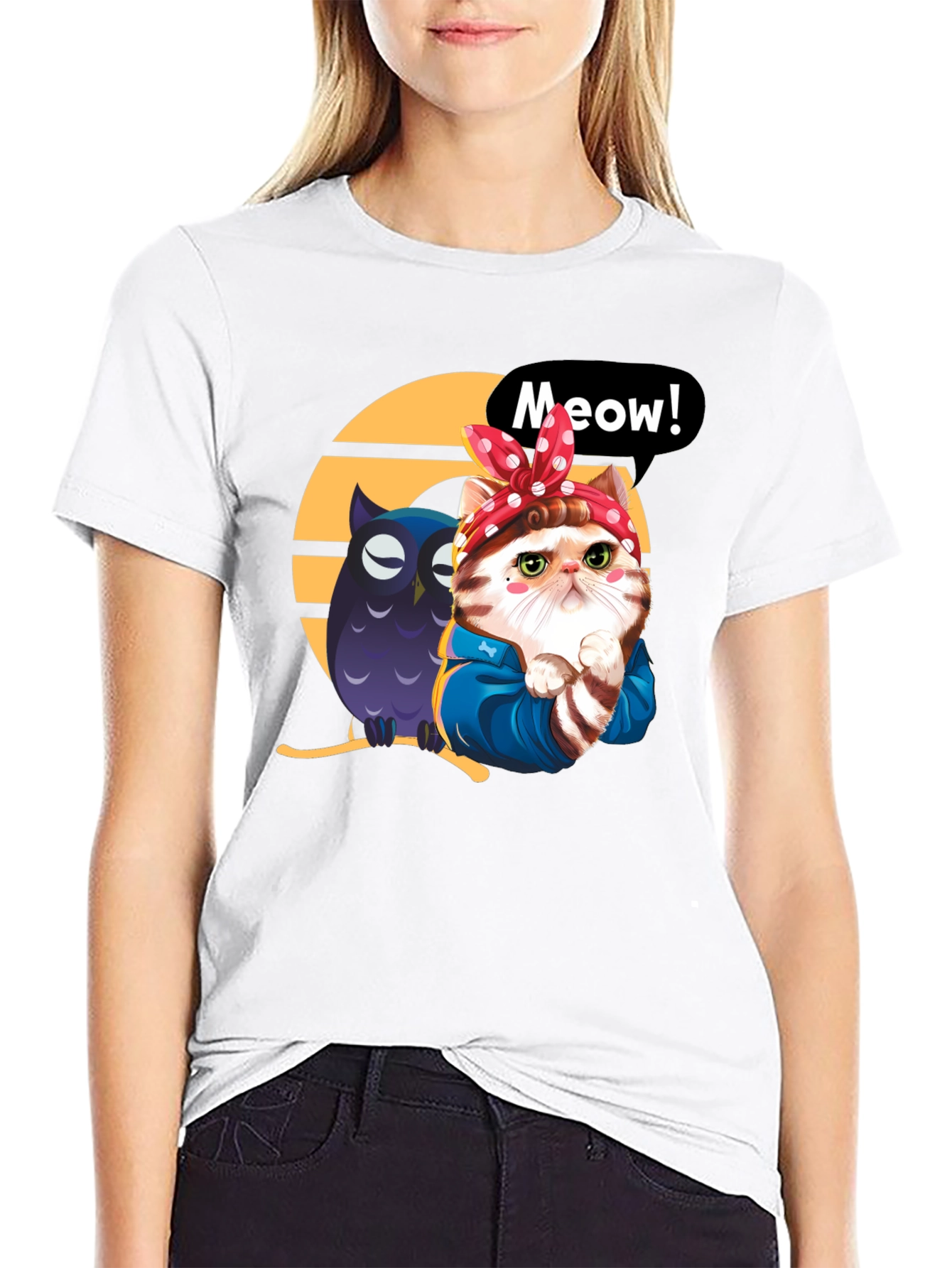 Cute Cat & Owl Black Graphic T-Shirt