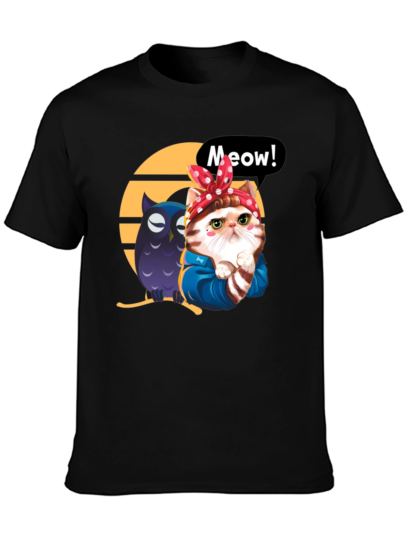 Cute Cat & Owl Black Graphic T-Shirt