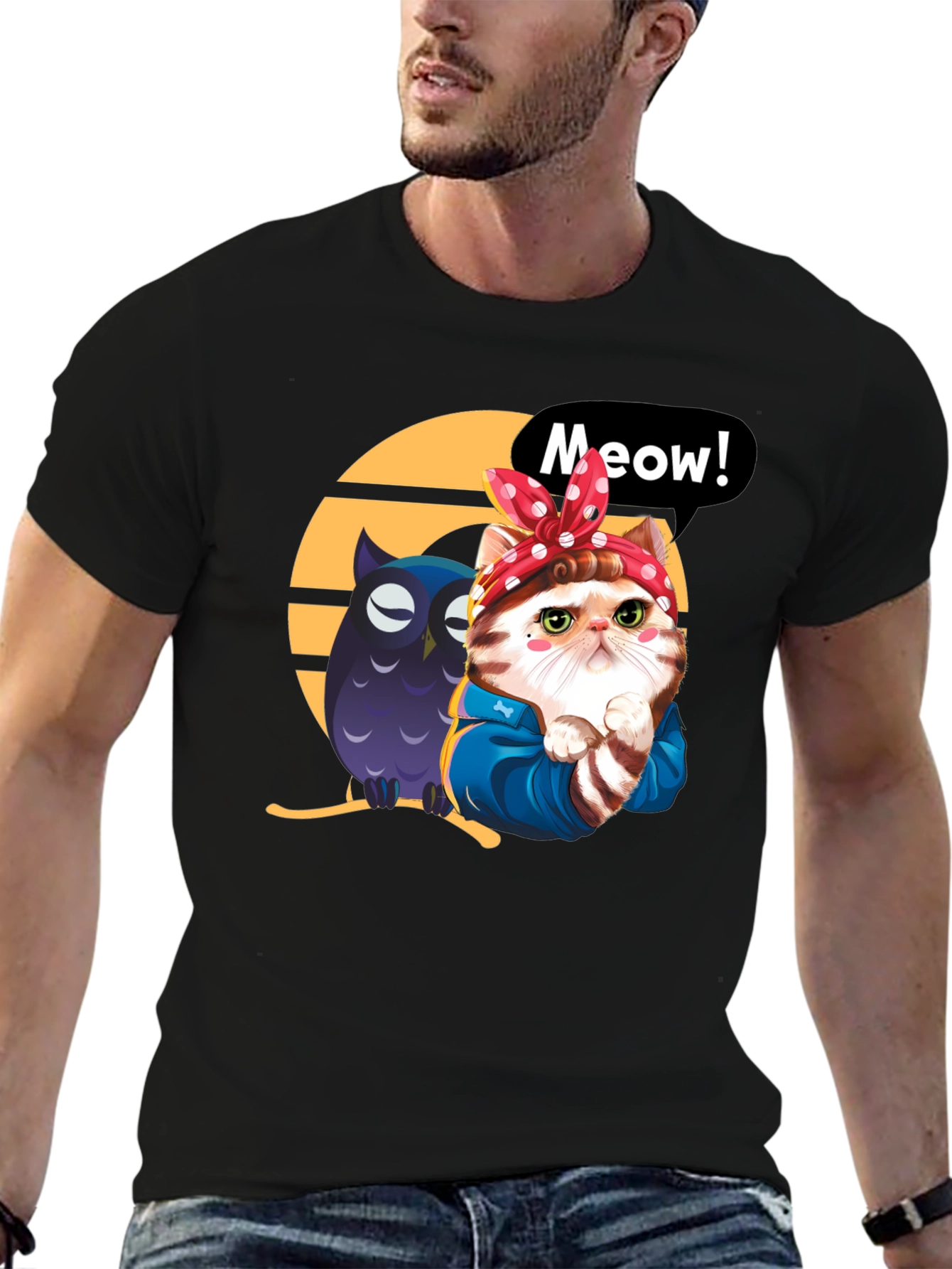 Cute Cat & Owl Black Graphic T-Shirt