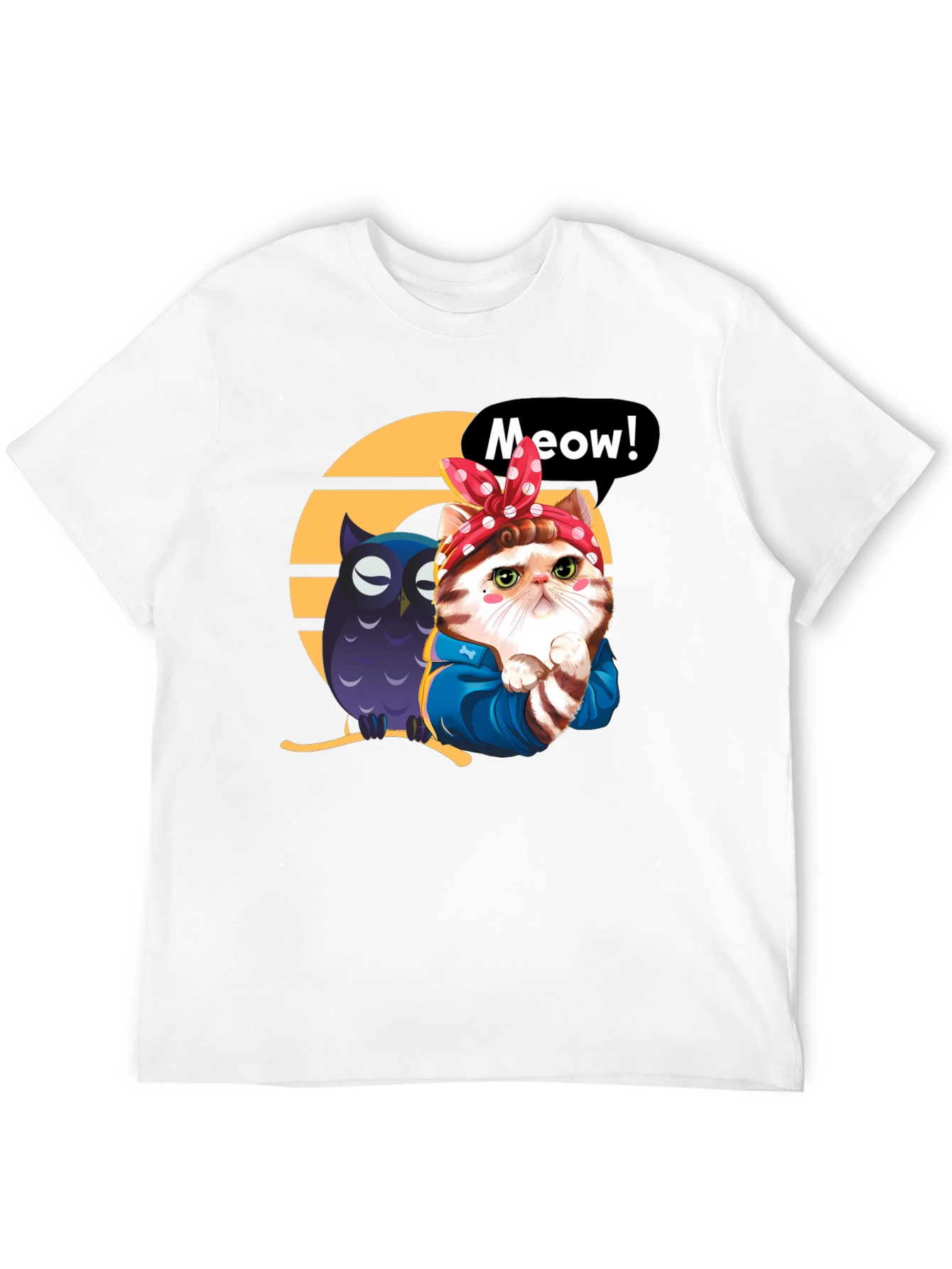 Cute Cat & Owl Black Graphic T-Shirt