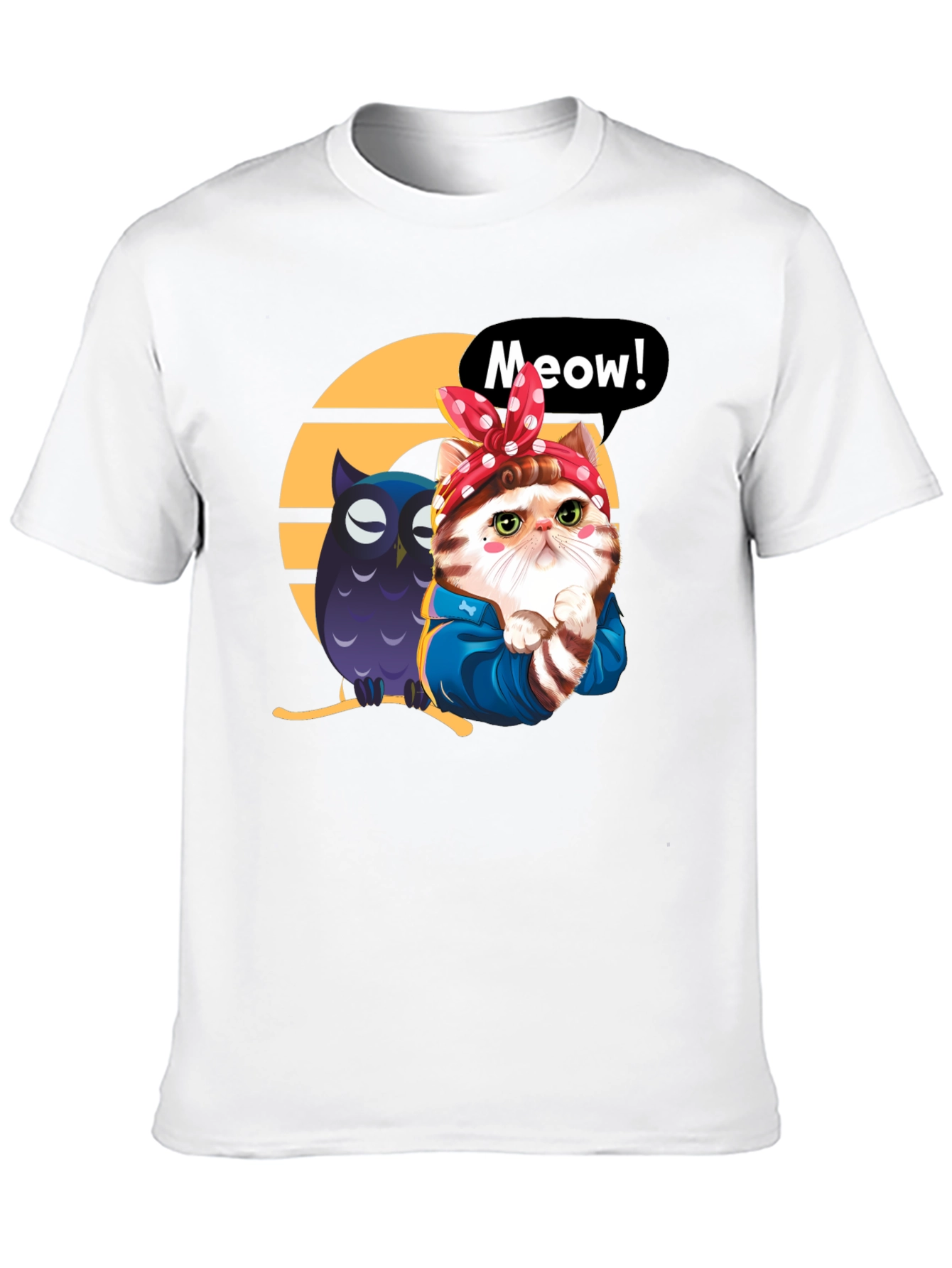 Cute Cat & Owl Black Graphic T-Shirt
