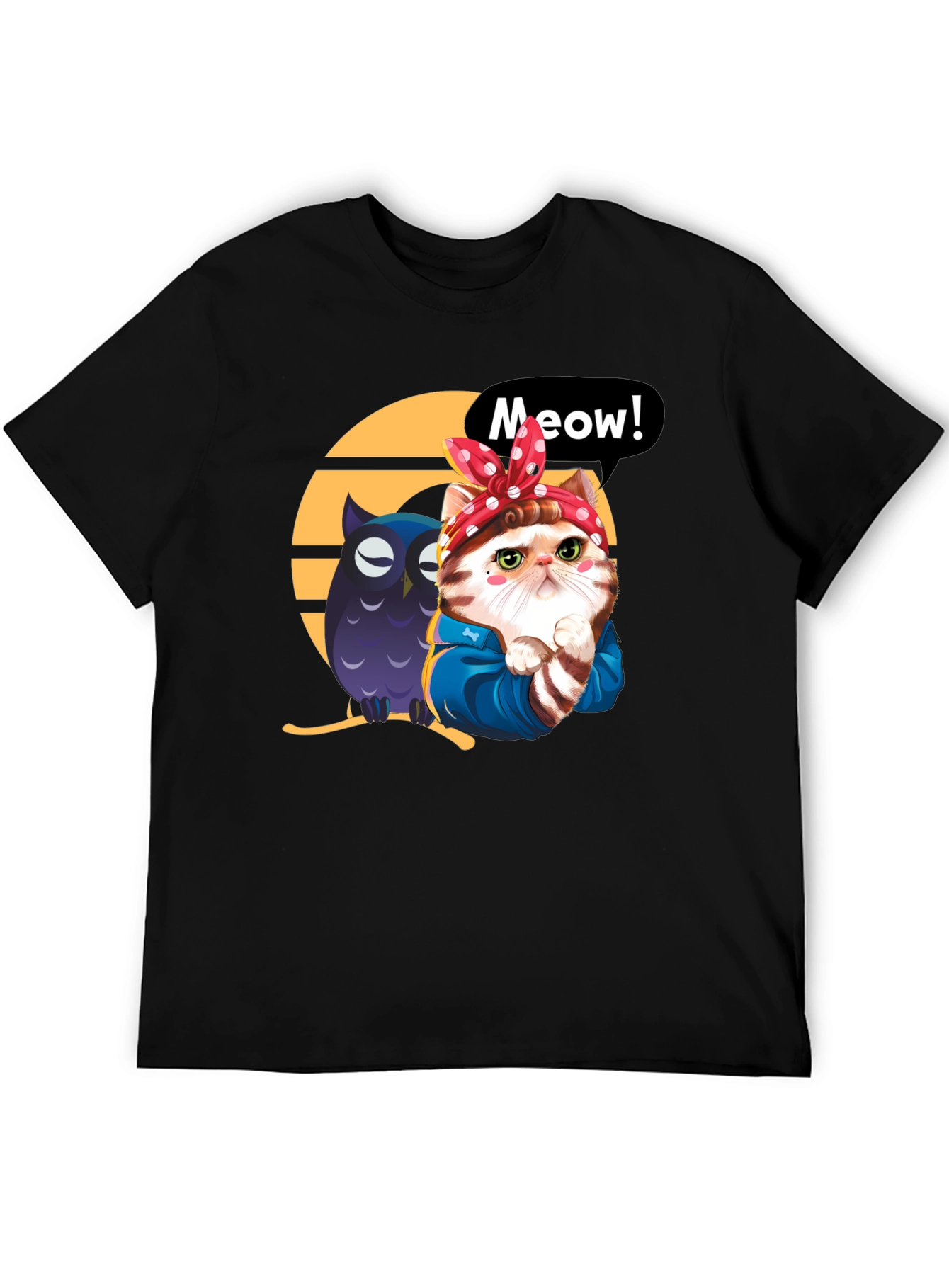 Cute Cat & Owl Black Graphic T-Shirt