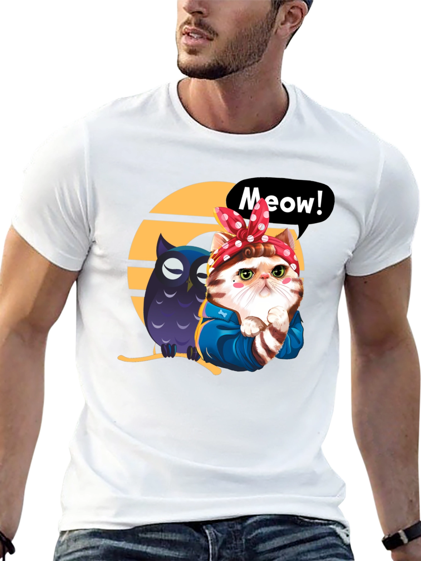 Cute Cat & Owl Black Graphic T-Shirt