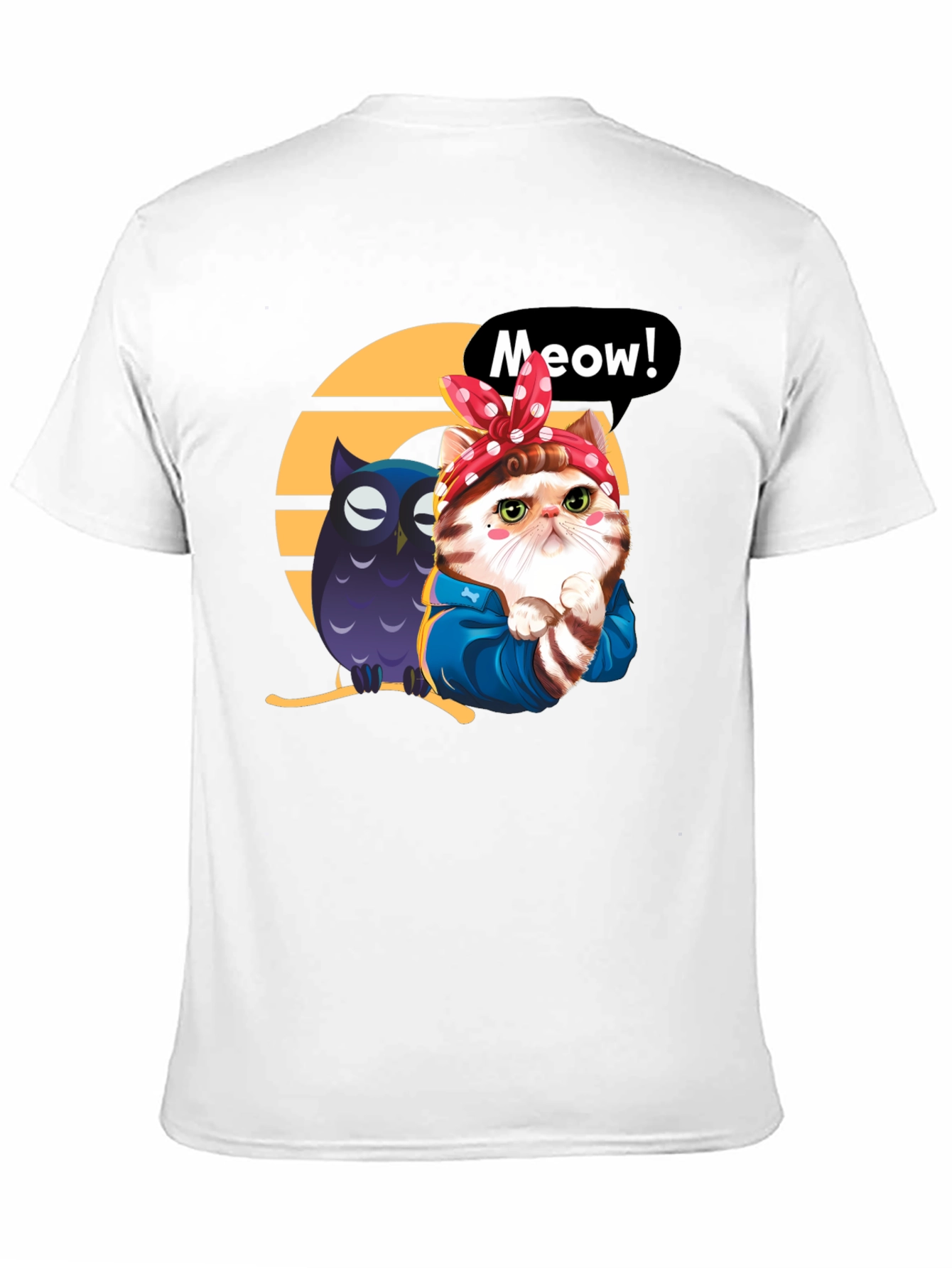 Cute Cat & Owl Black Graphic T-Shirt