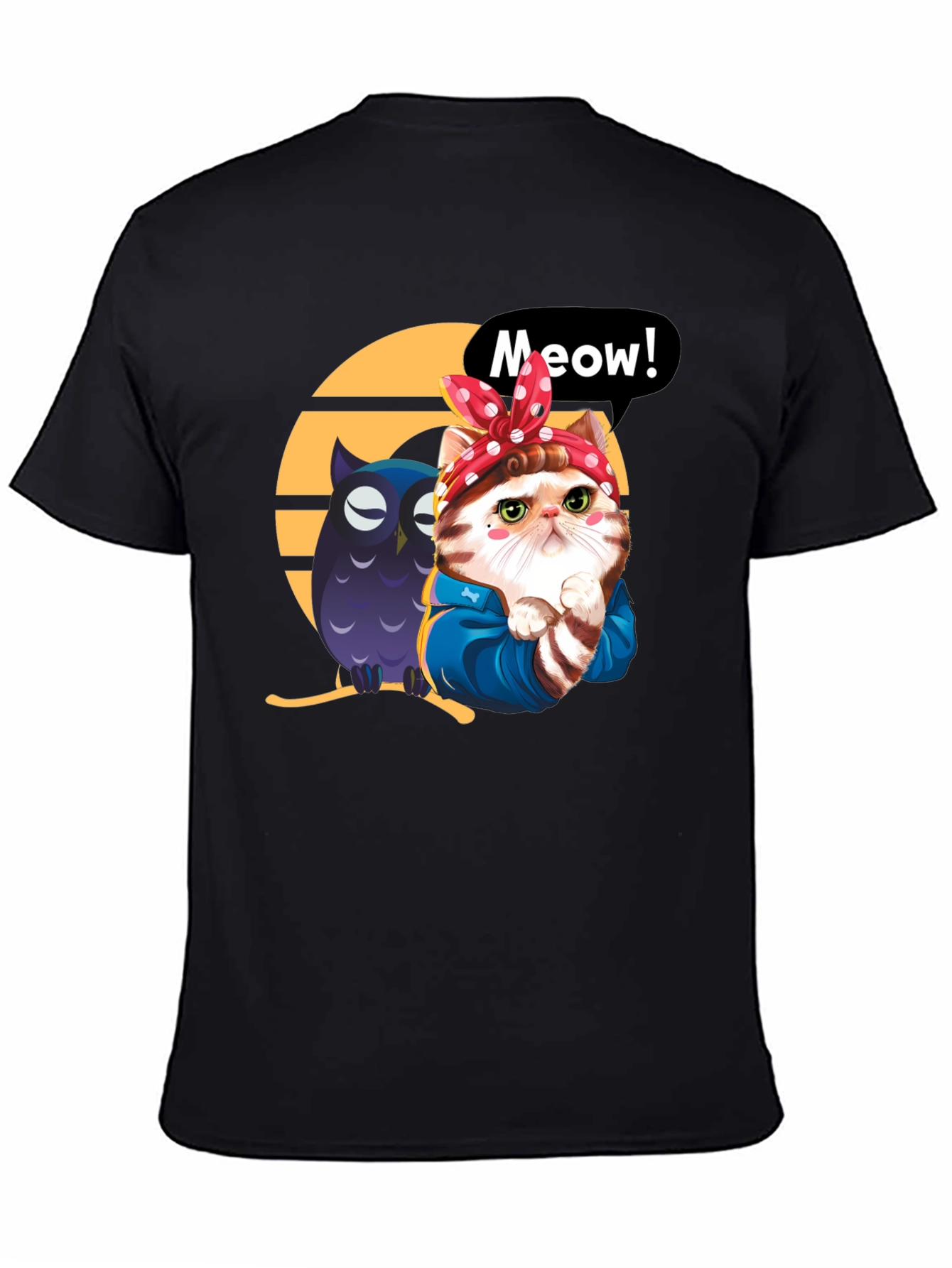 Cute Cat & Owl Black Graphic T-Shirt