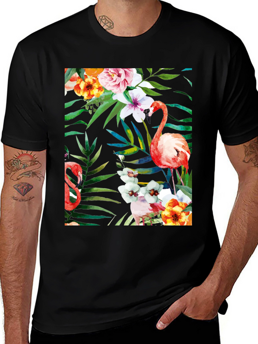 Tropical Flamingo Floral Black T-Shirt