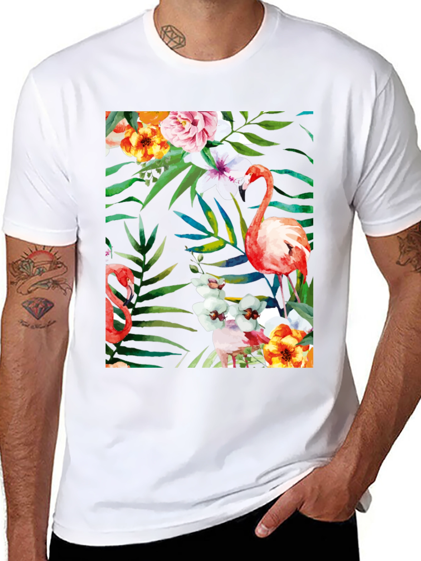 Tropical Flamingo Floral Black T-Shirt