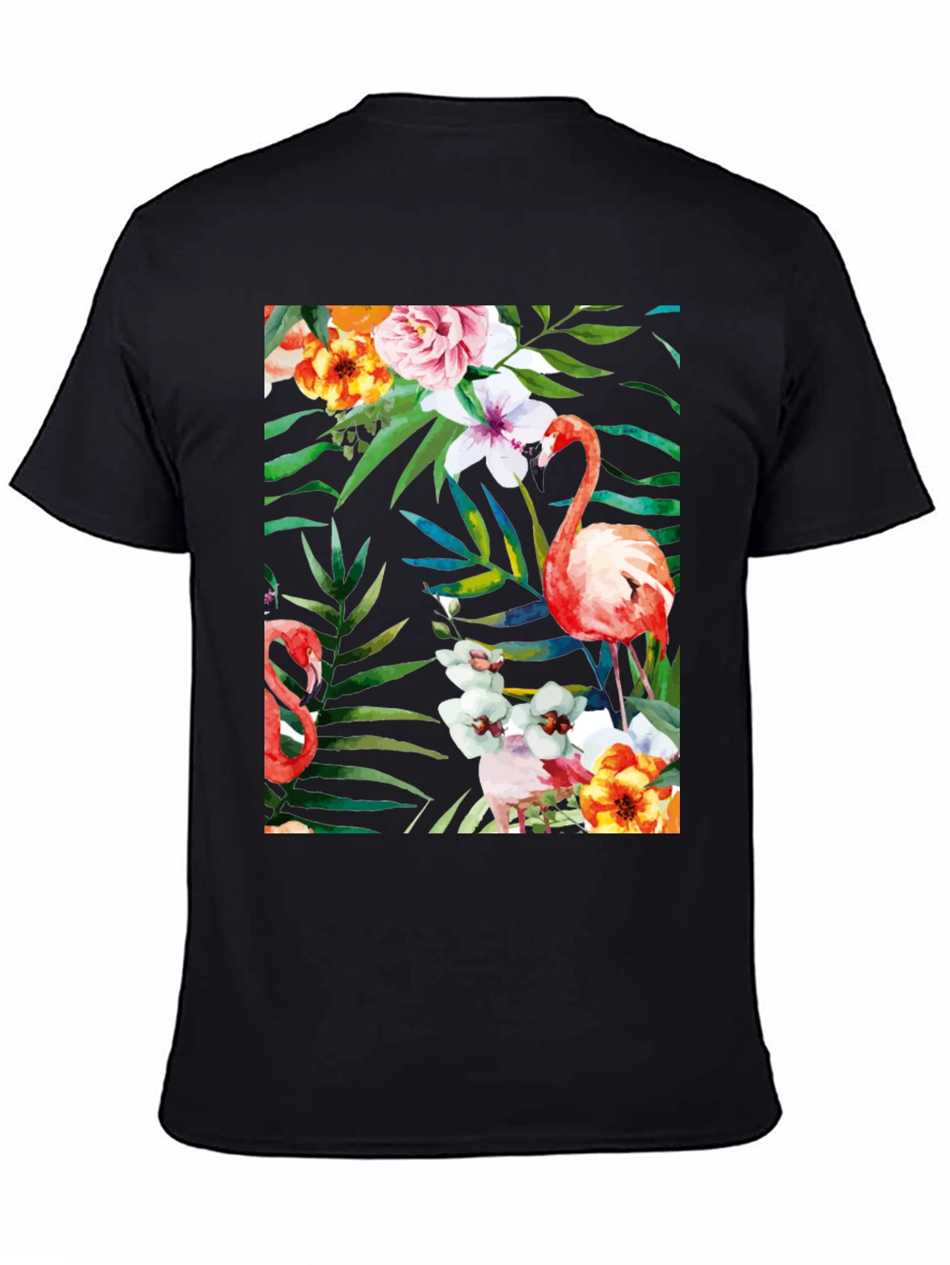 Tropical Flamingo Floral Black T-Shirt
