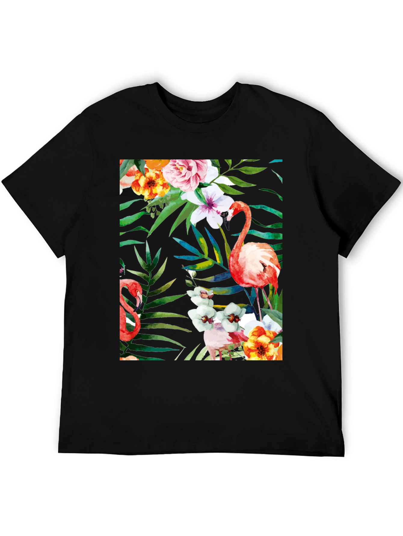 Tropical Flamingo Floral Black T-Shirt