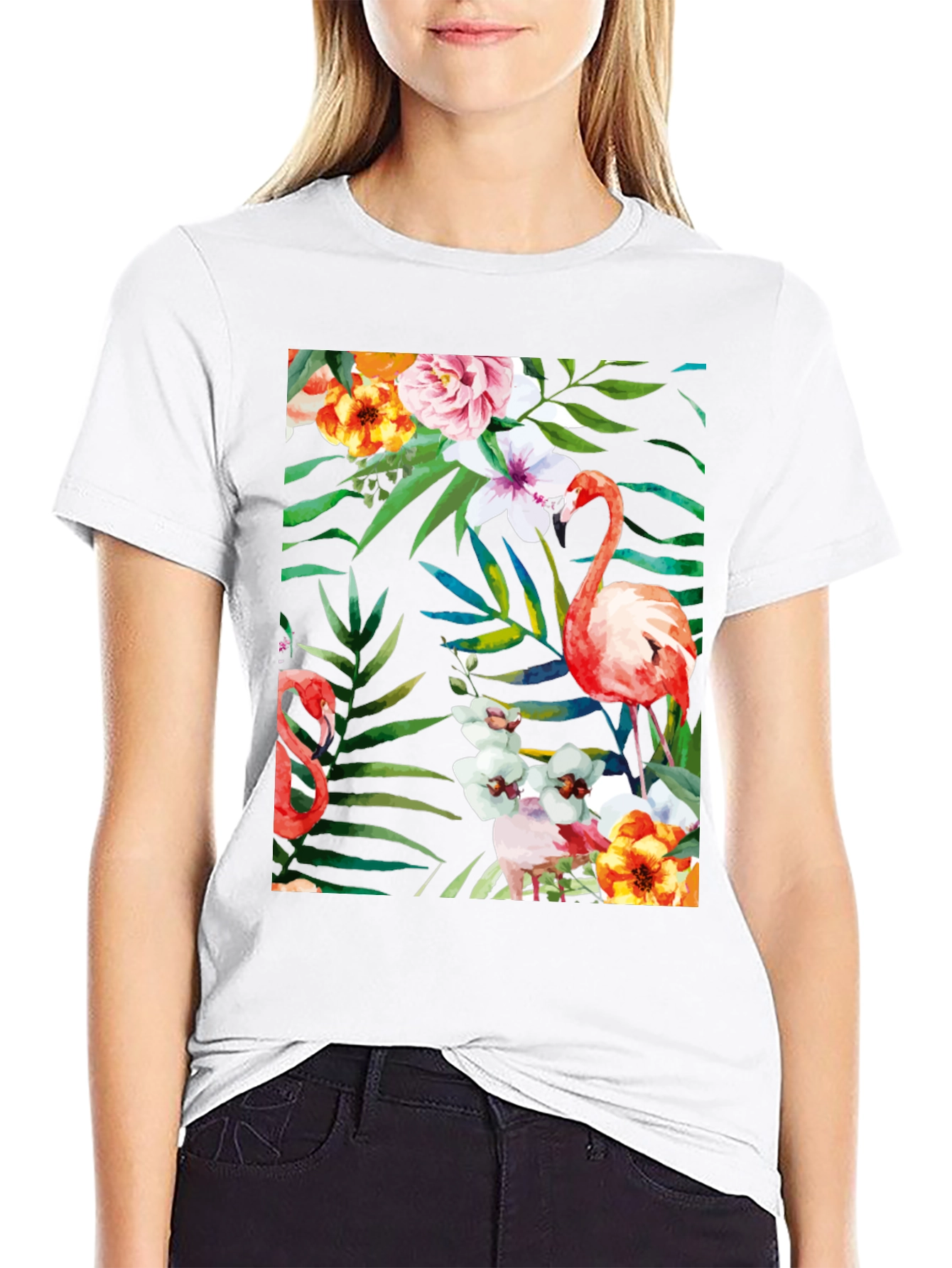 Tropical Flamingo Floral Black T-Shirt