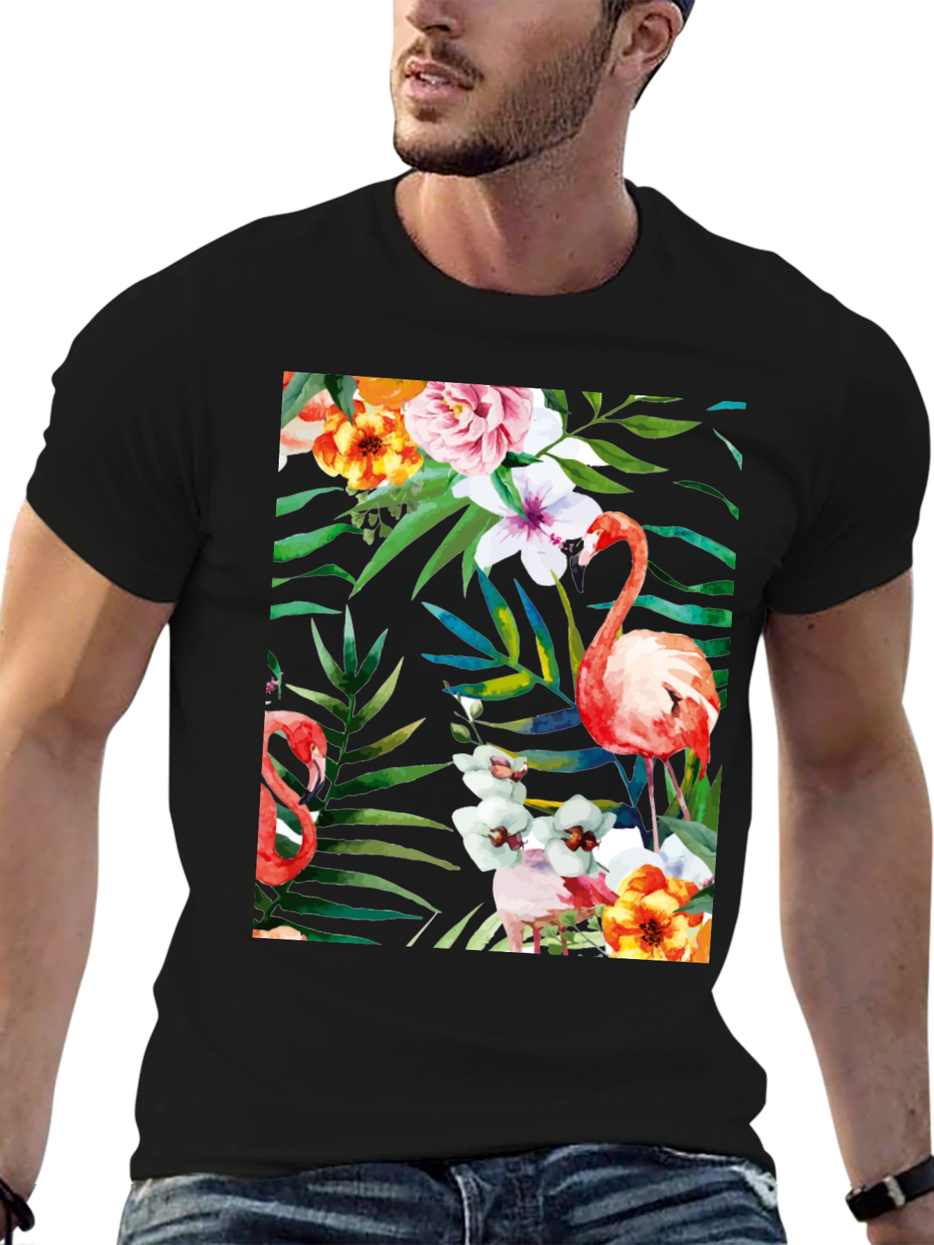 Tropical Flamingo Floral Black T-Shirt