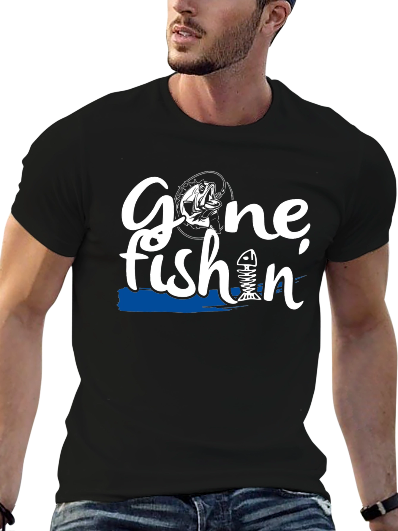 Gone Fishin Black Graphic T-Shirt