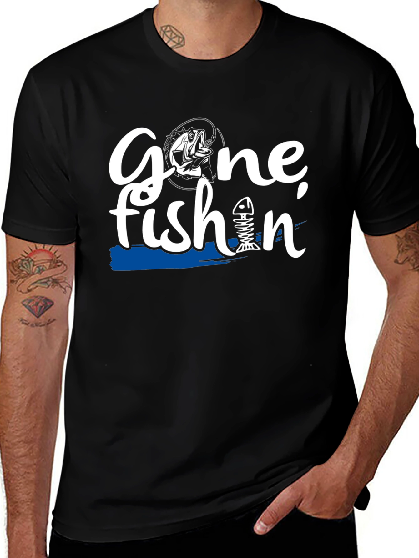 Gone Fishin Black Graphic T-Shirt