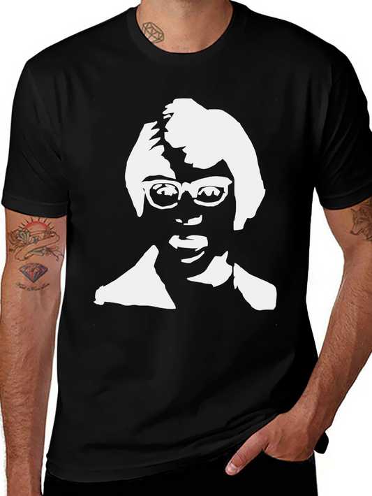 Retro Portrait Tee - Black Cotton Blend Casual Shirt