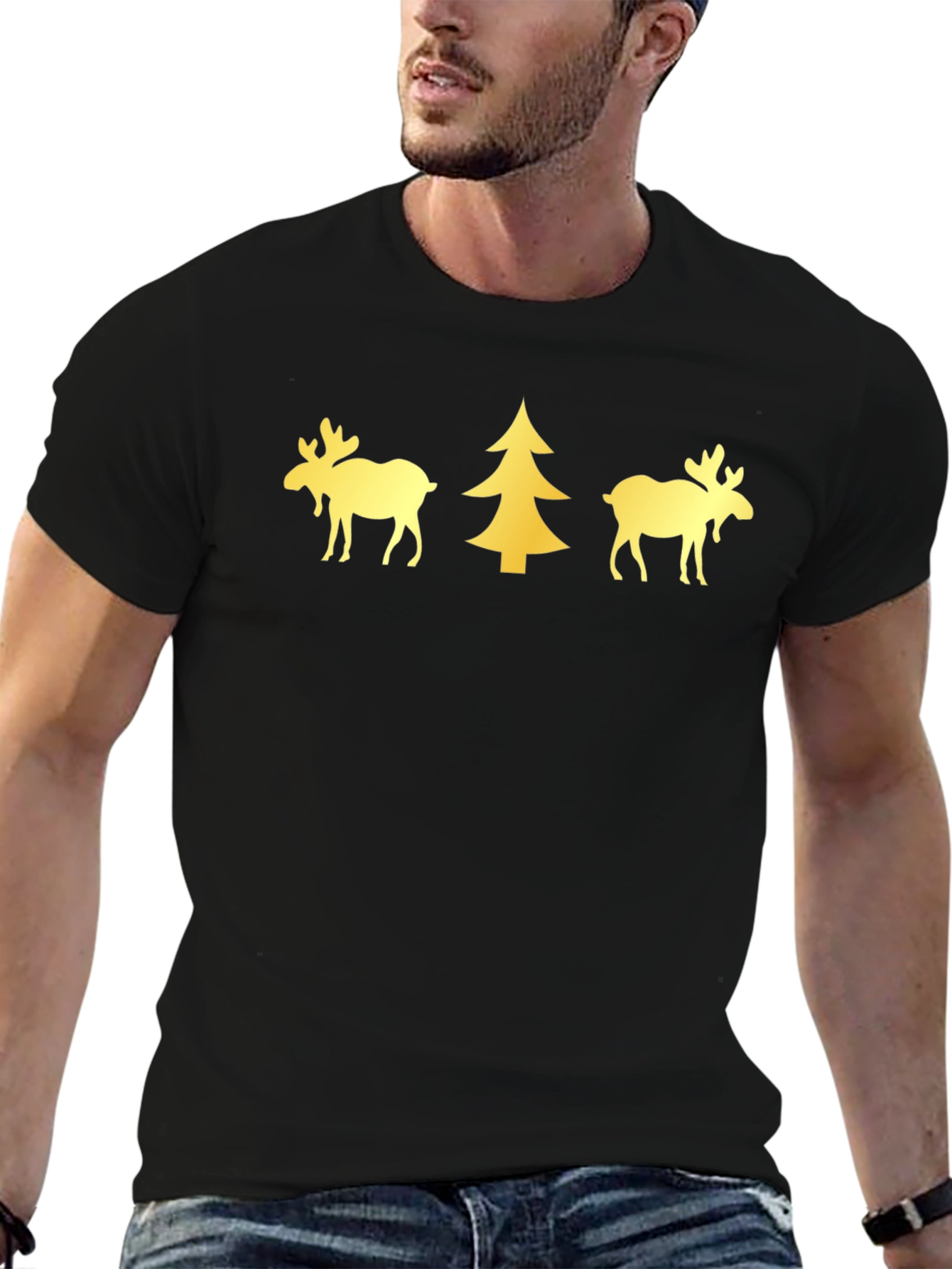 Festive Moose & Tree Graphic Tee - Black