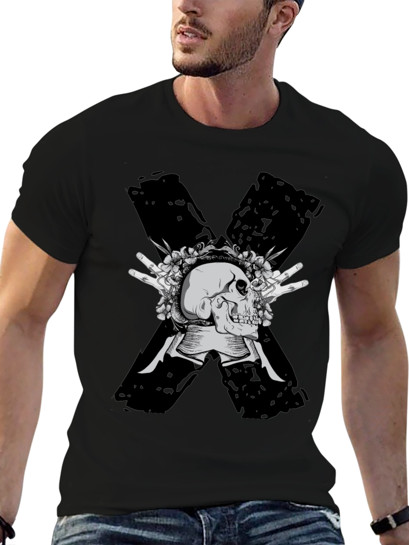 Skull & Flowers Graphic Tee - Bold X Design
