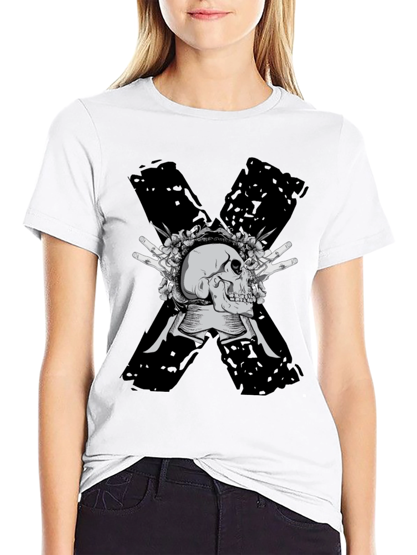 Skull & Flowers Graphic Tee - Bold X Design