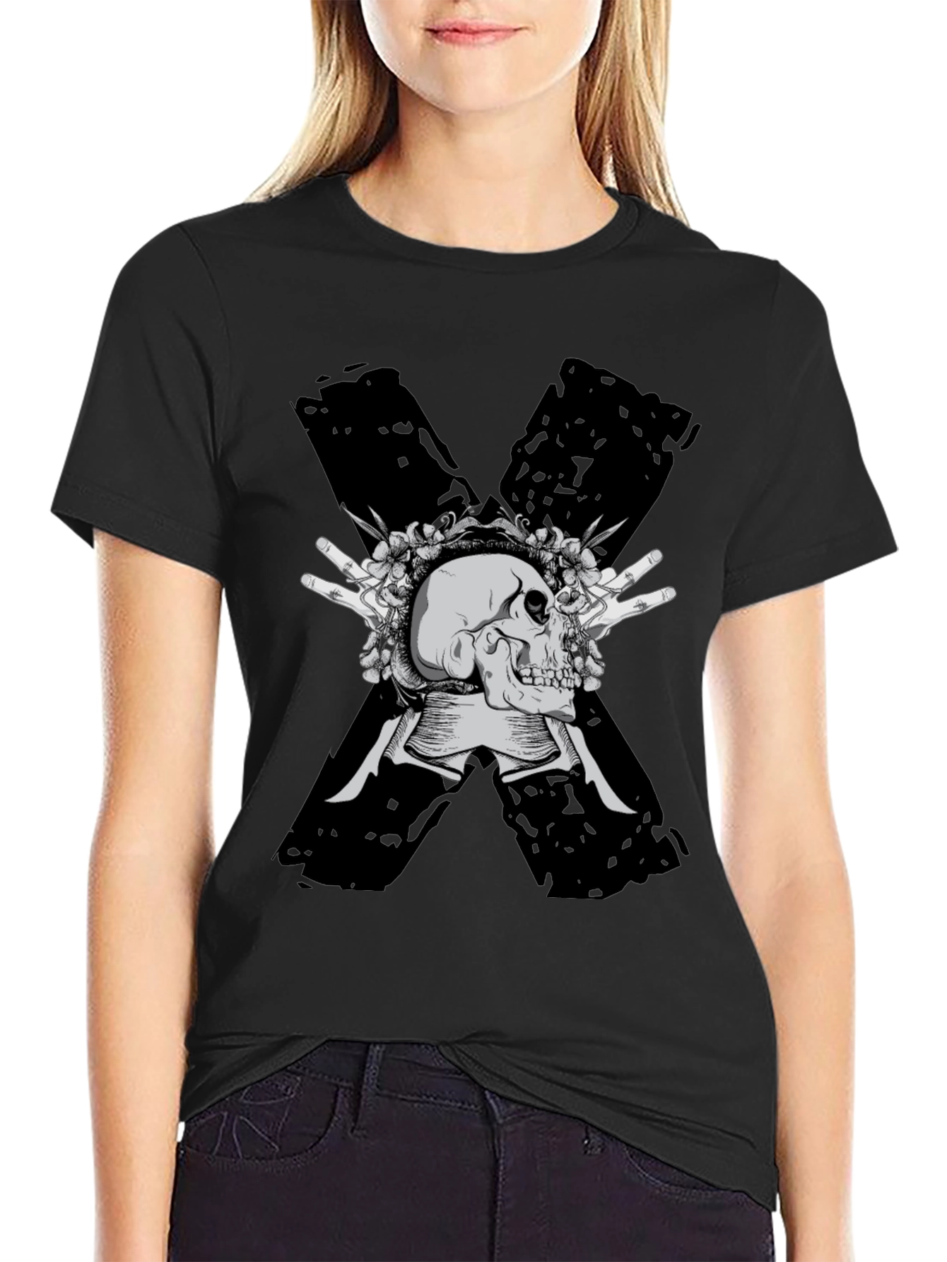 Skull & Flowers Graphic Tee - Bold X Design