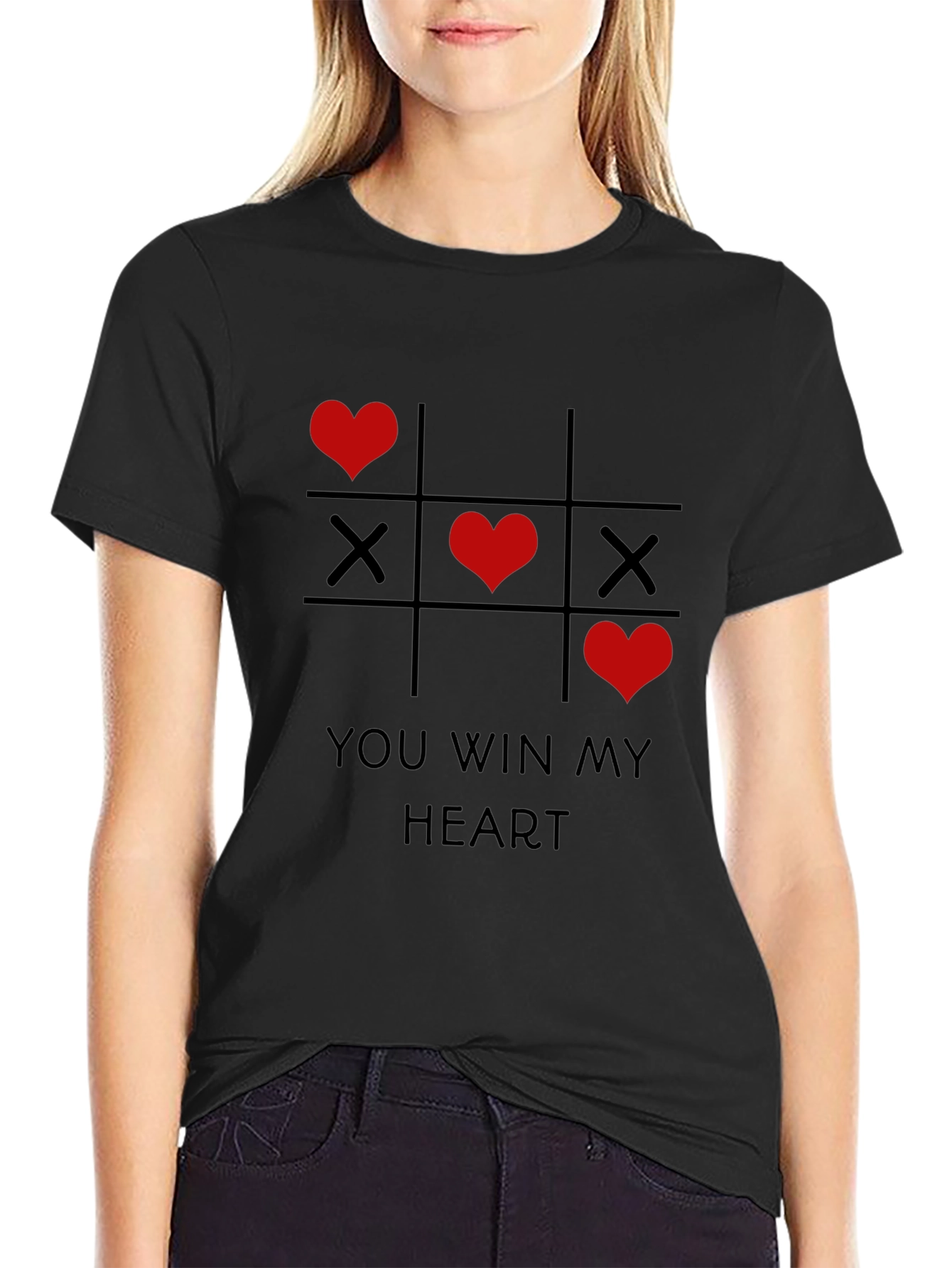 Valentines Day Tic-Tac-Toe You Win My Heart Black Tee