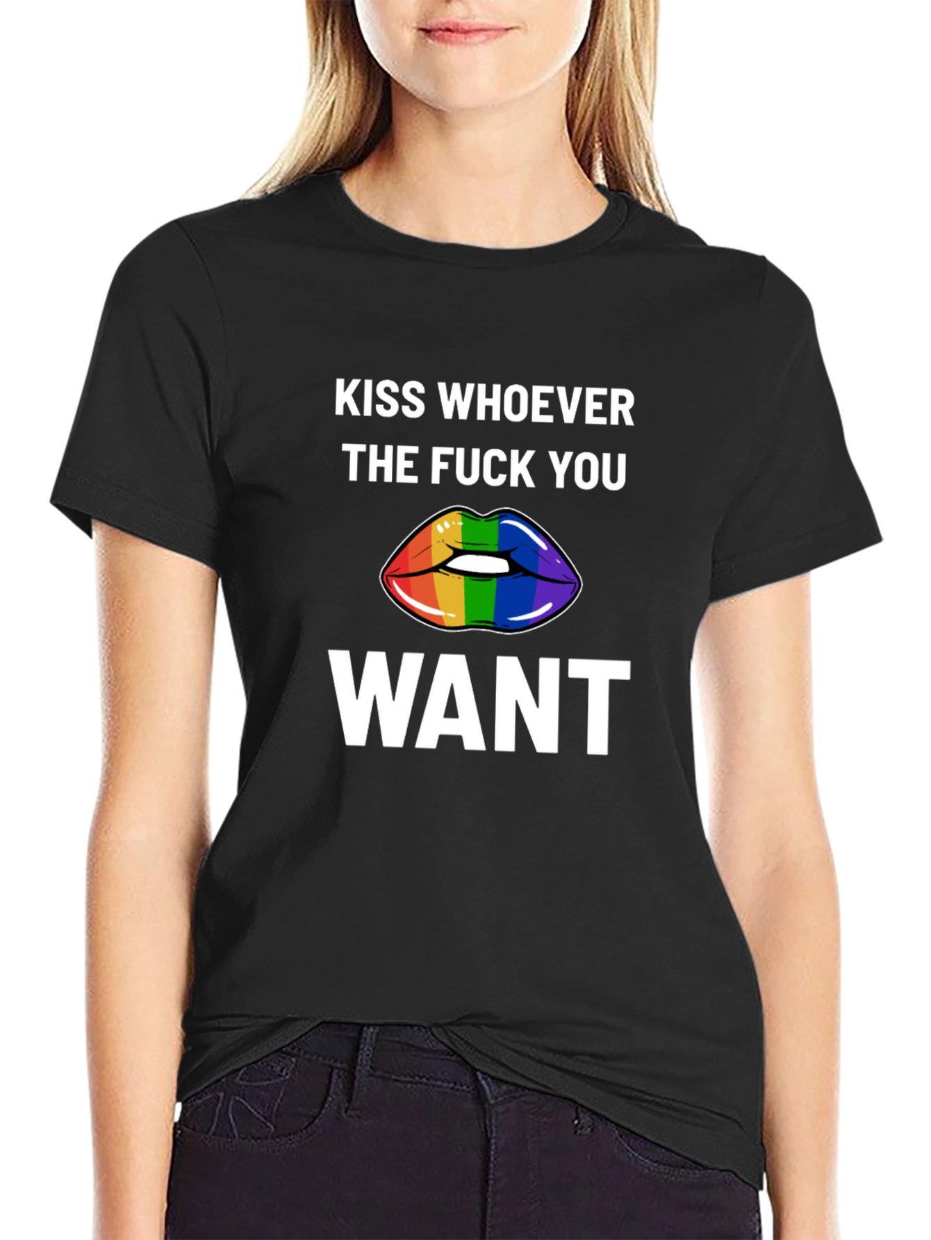 Kiss Whoever You Want Rainbow Lips Graphic Tee