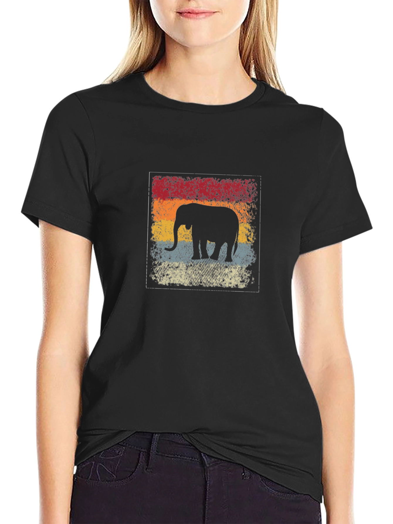 Retro Elephant Graphic Tee - Black Cotton Comfort