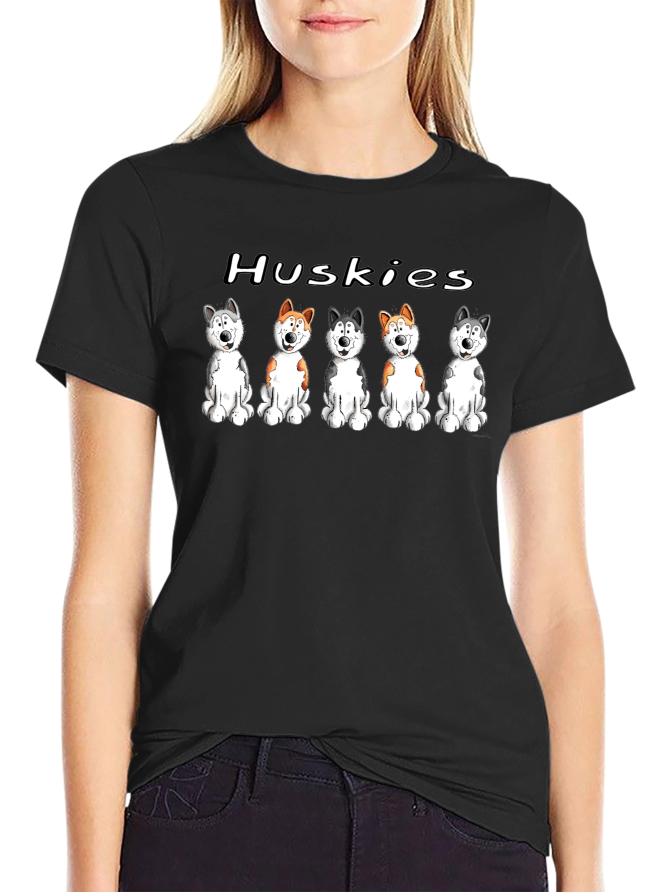Husky Dog Cartoon Print Black T-Shirt