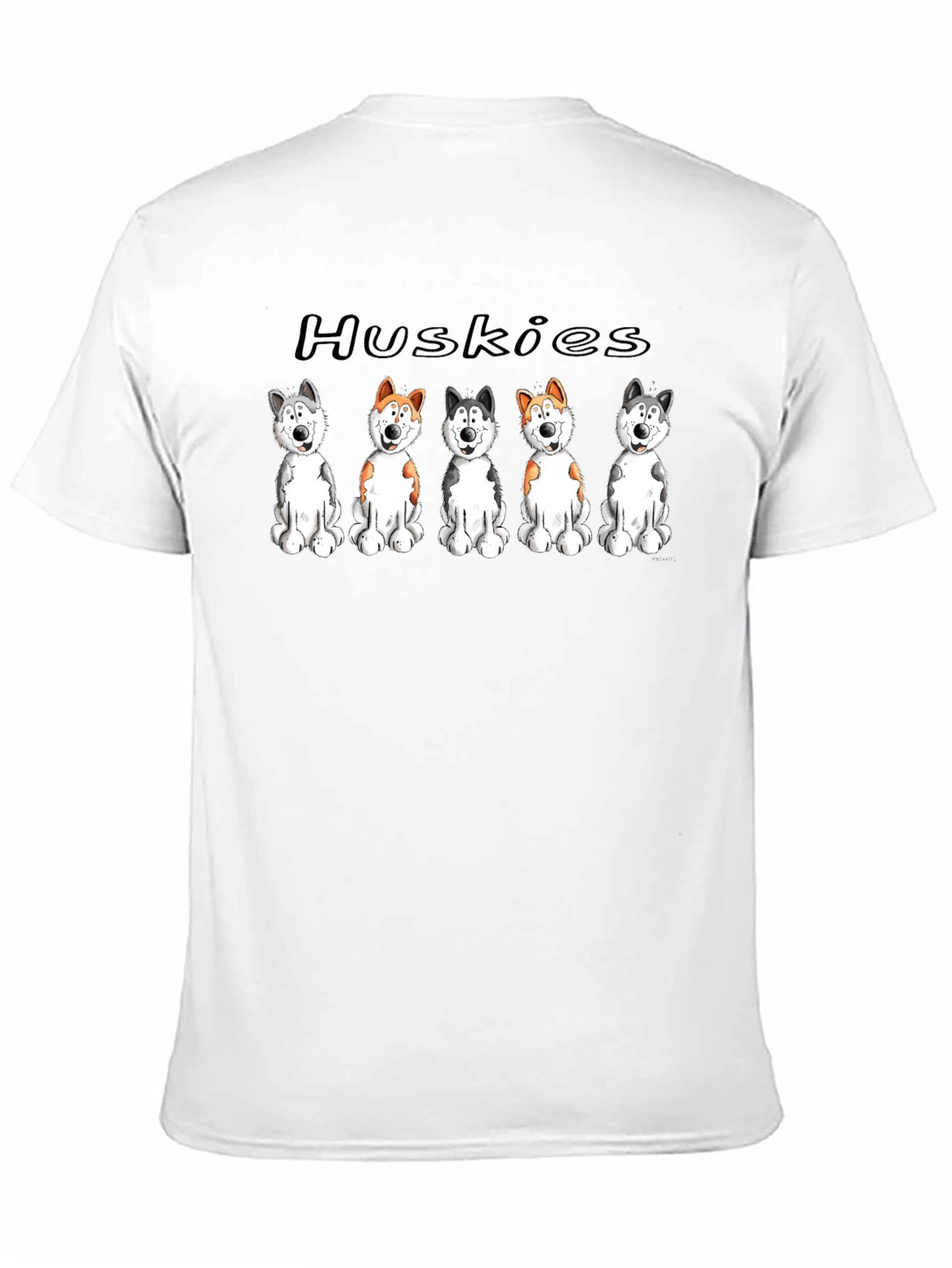 Husky Dog Cartoon Print Black T-Shirt