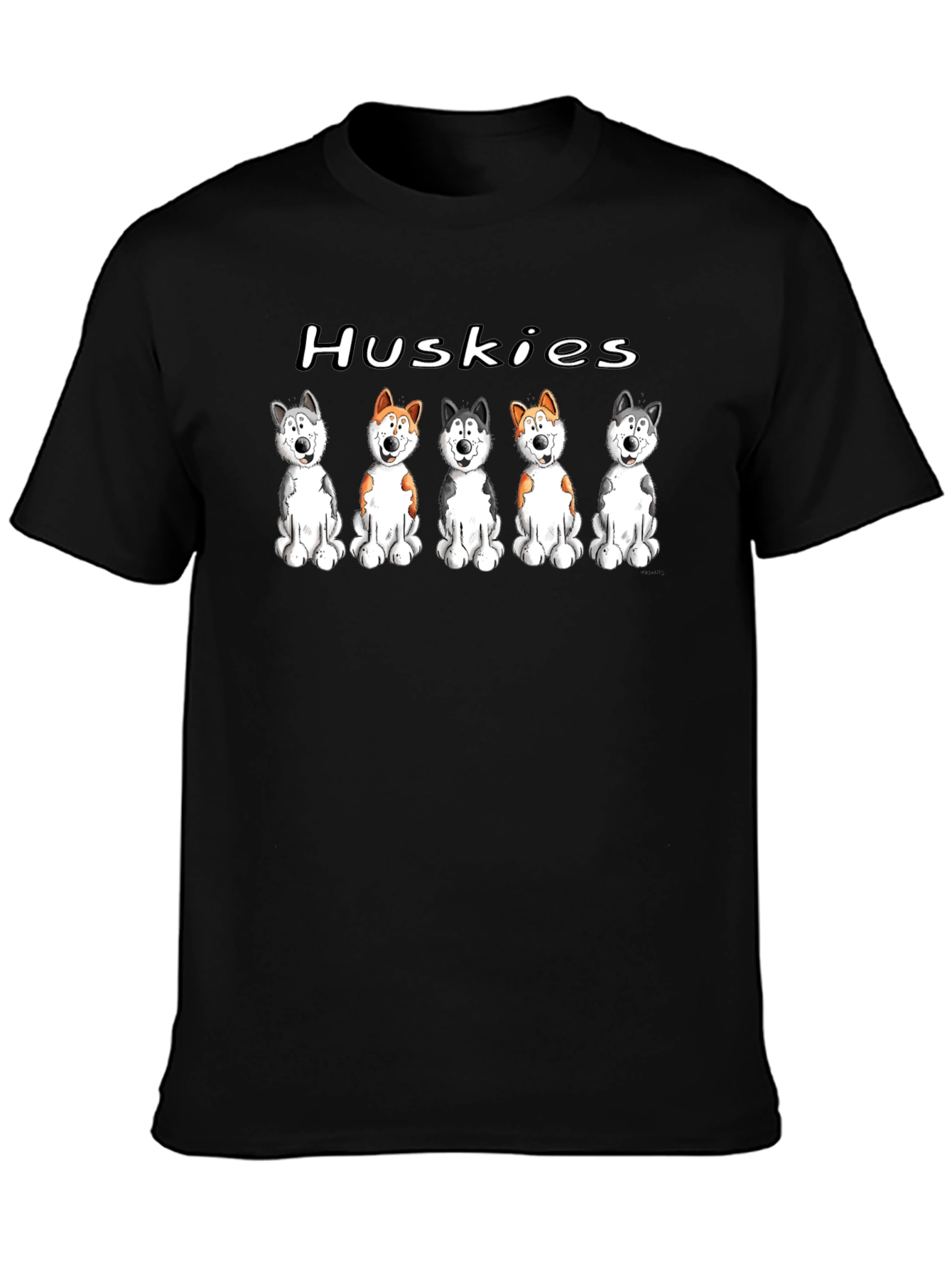 Husky Dog Cartoon Print Black T-Shirt