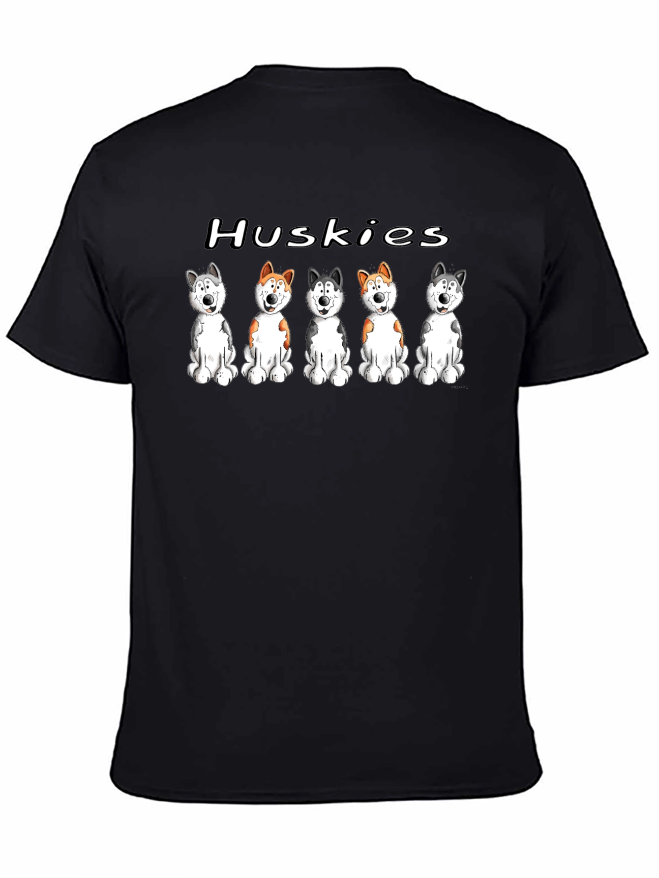 Husky Dog Cartoon Print Black T-Shirt