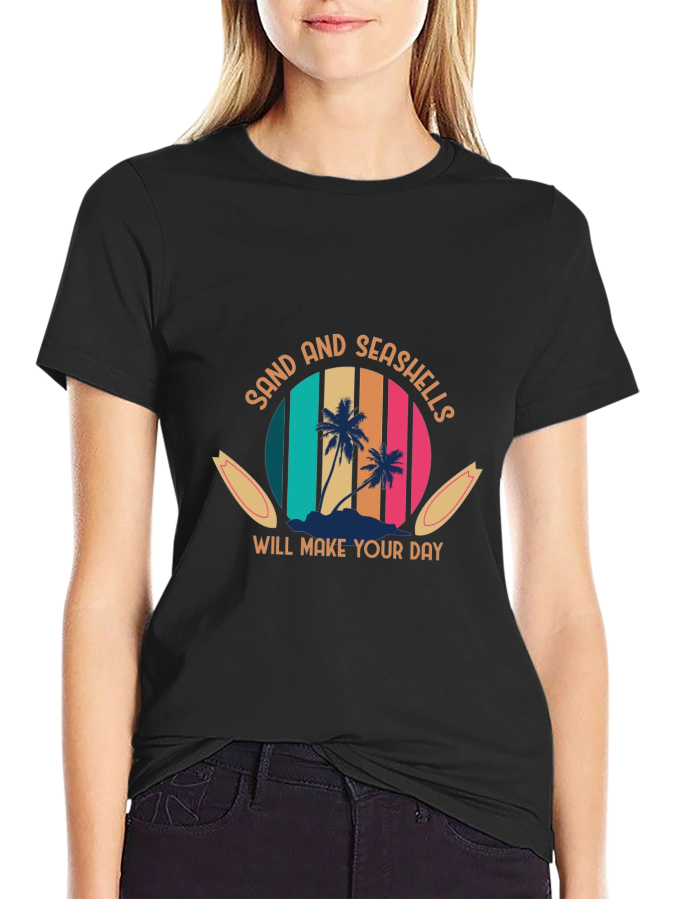 Sand & Seashells Black Graphic T-Shirt