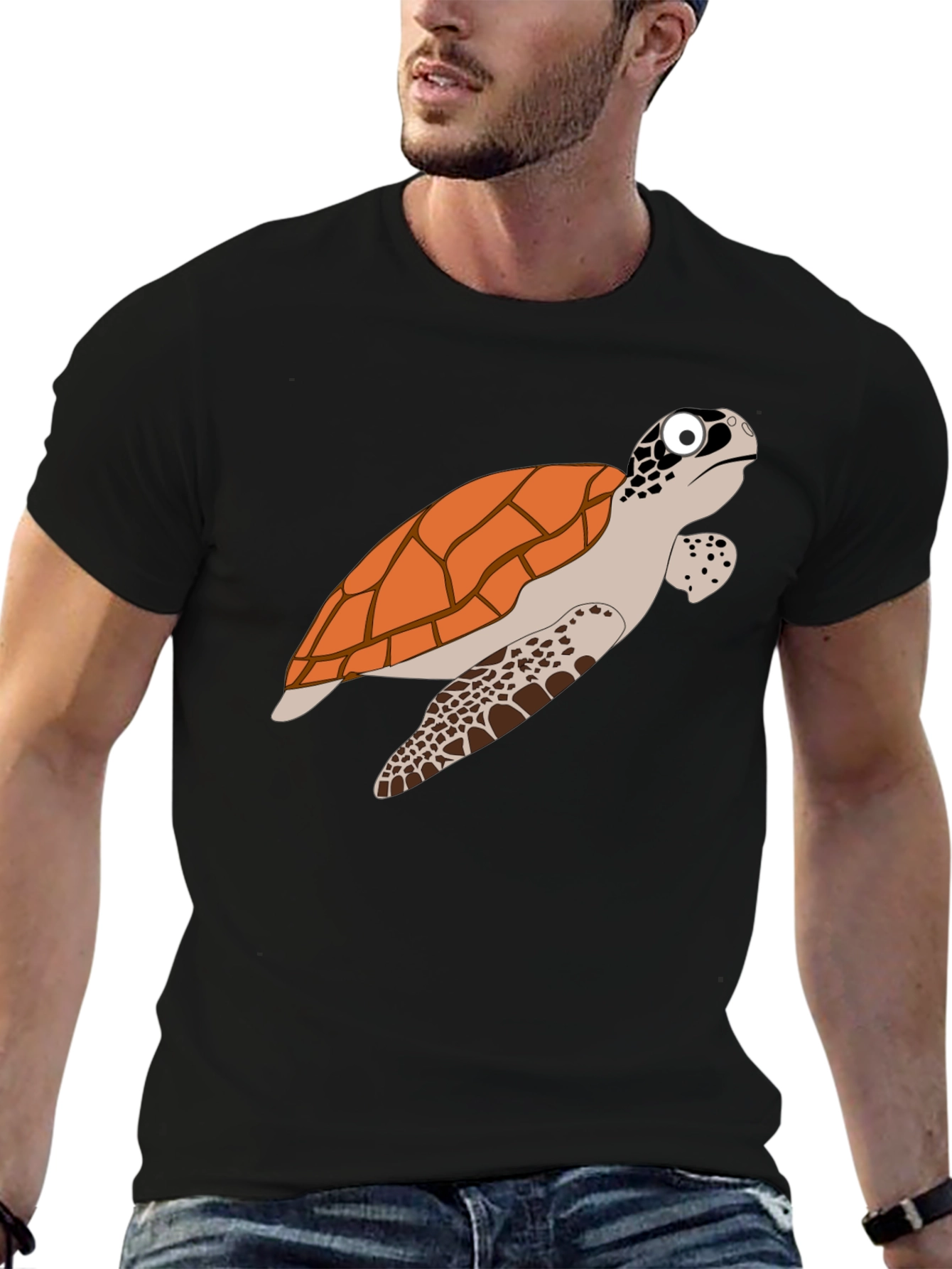 Cartoon Turtle Graphic Tee - Black Cotton T-Shirt