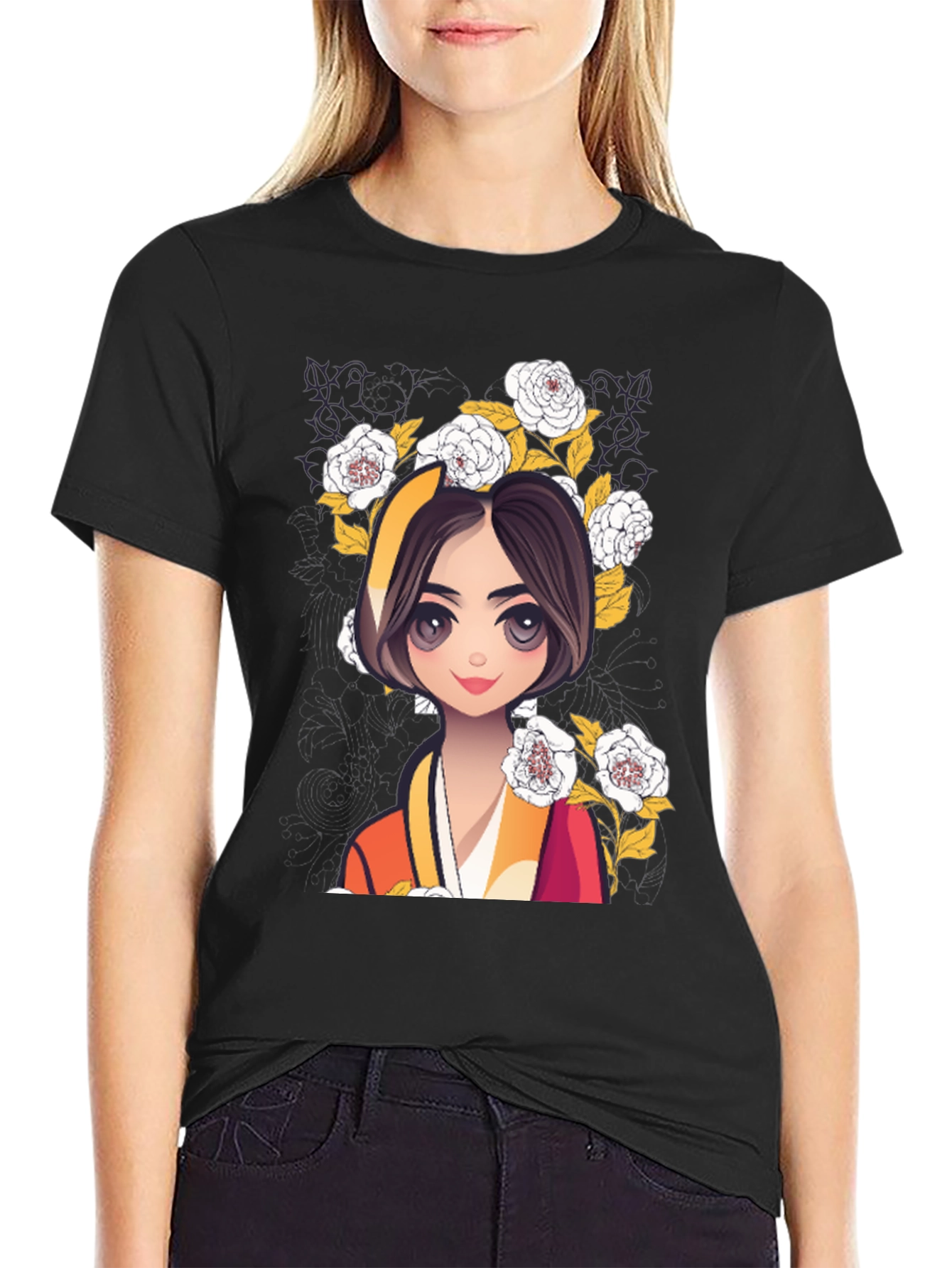 Anime Girl Floral T-Shirt