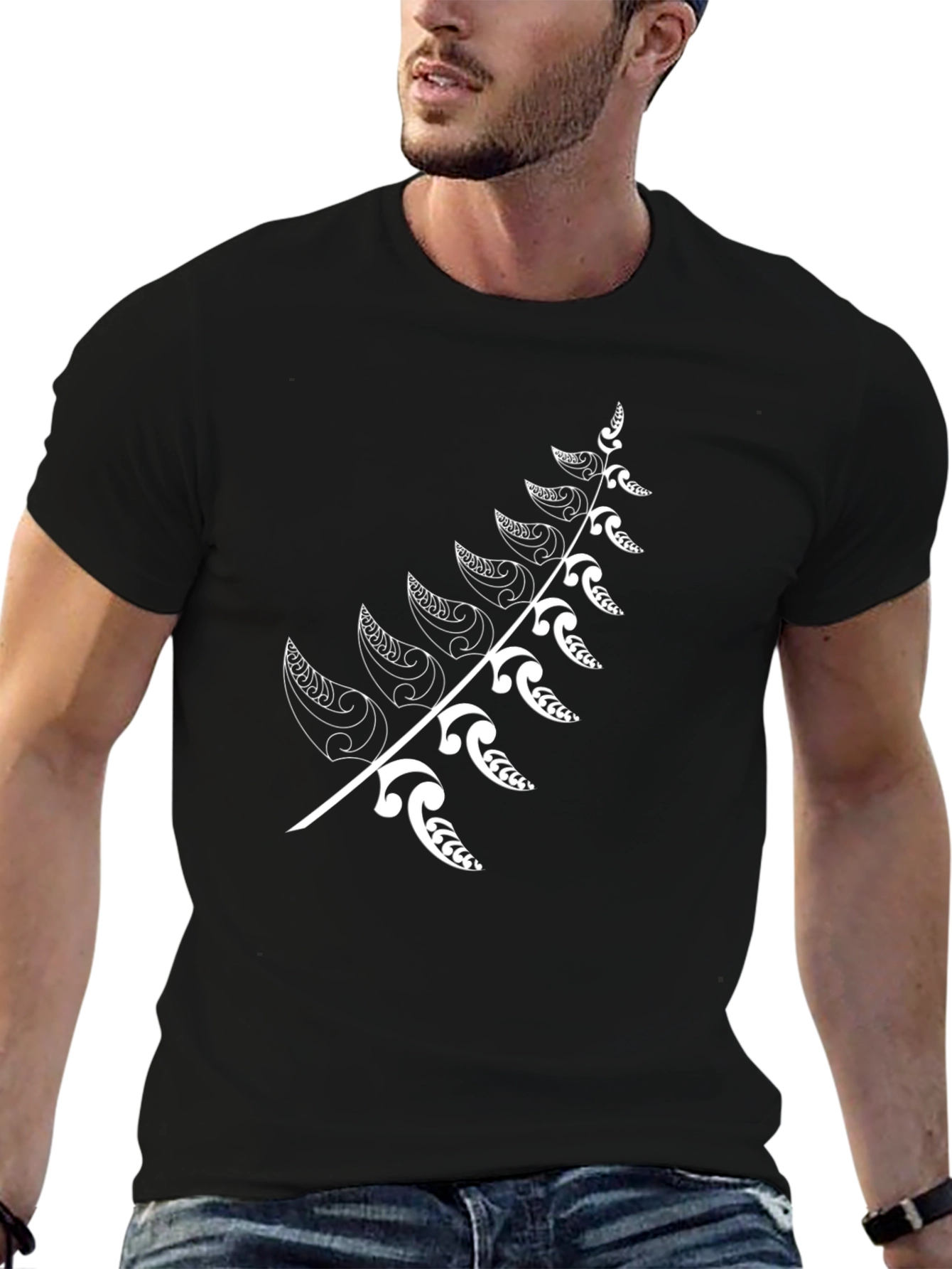 Black T-Shirt with White Fern Design