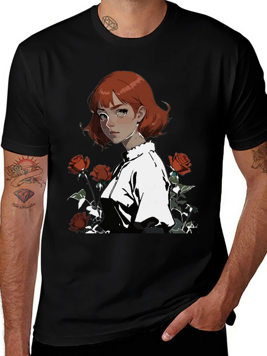 Anime Girl & Roses Graphic Black Tee