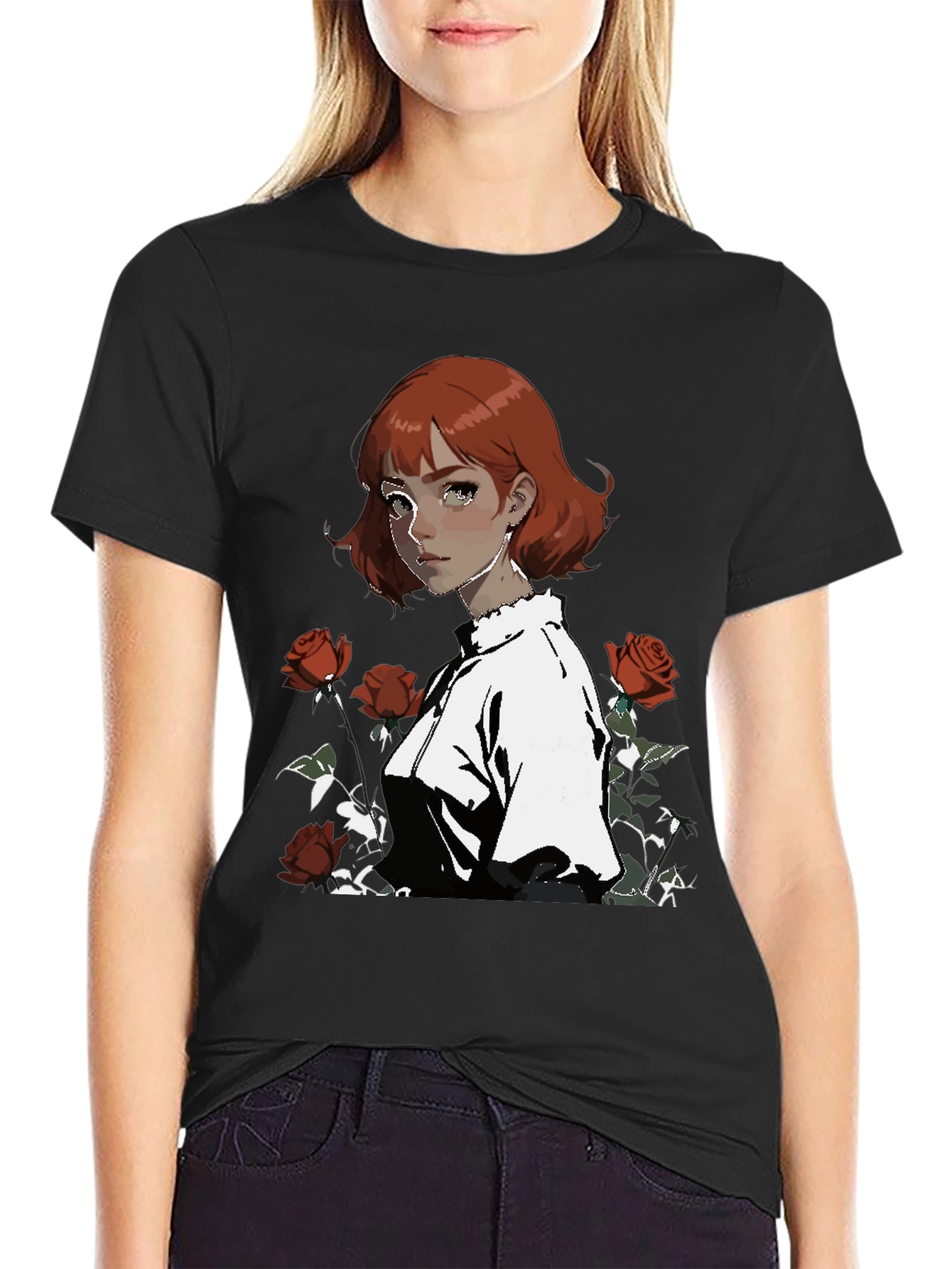 Anime Girl & Roses Graphic Black Tee