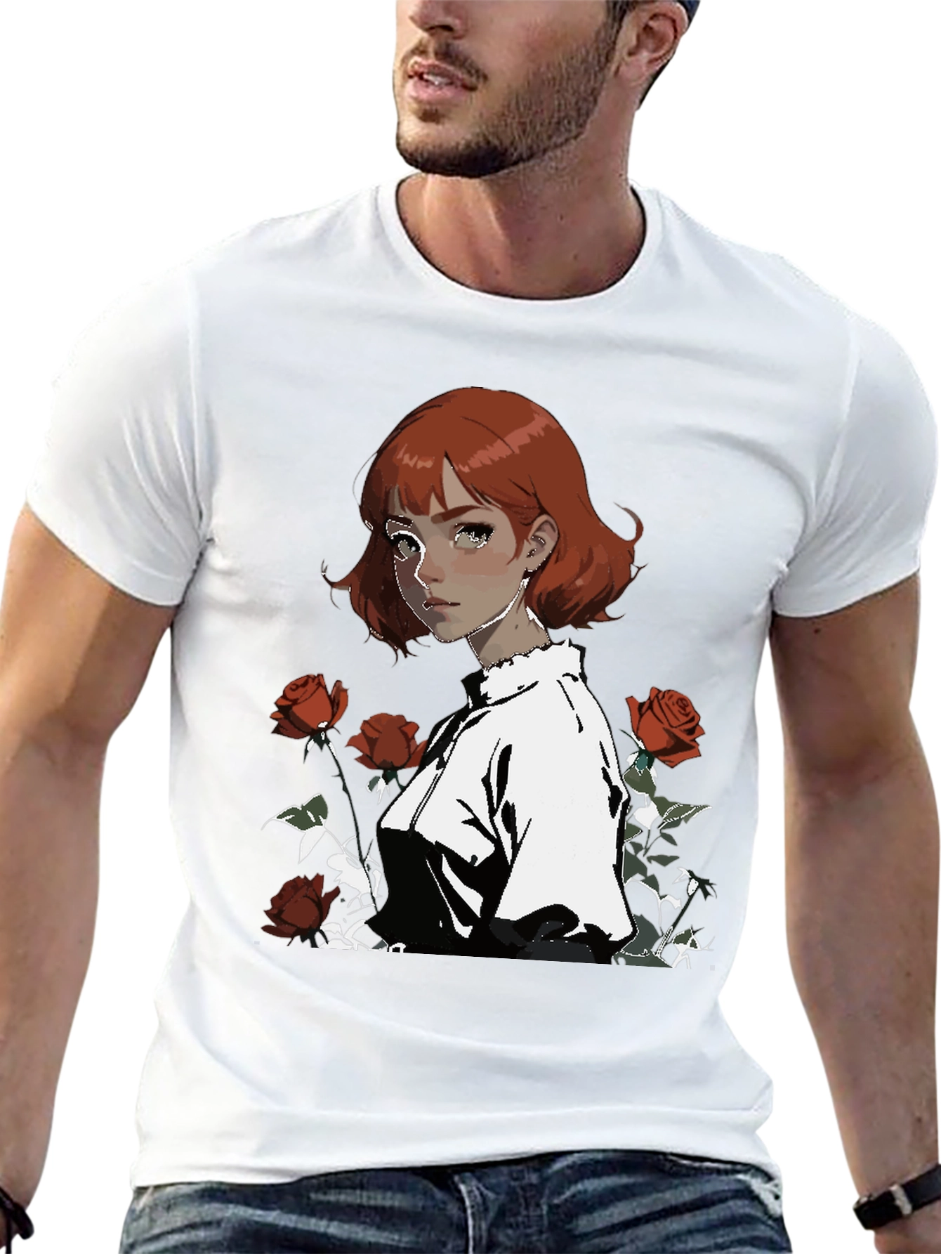 Anime Girl & Roses Graphic Black Tee