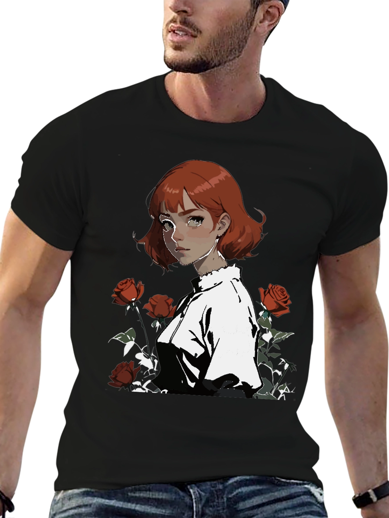 Anime Girl & Roses Graphic Black Tee