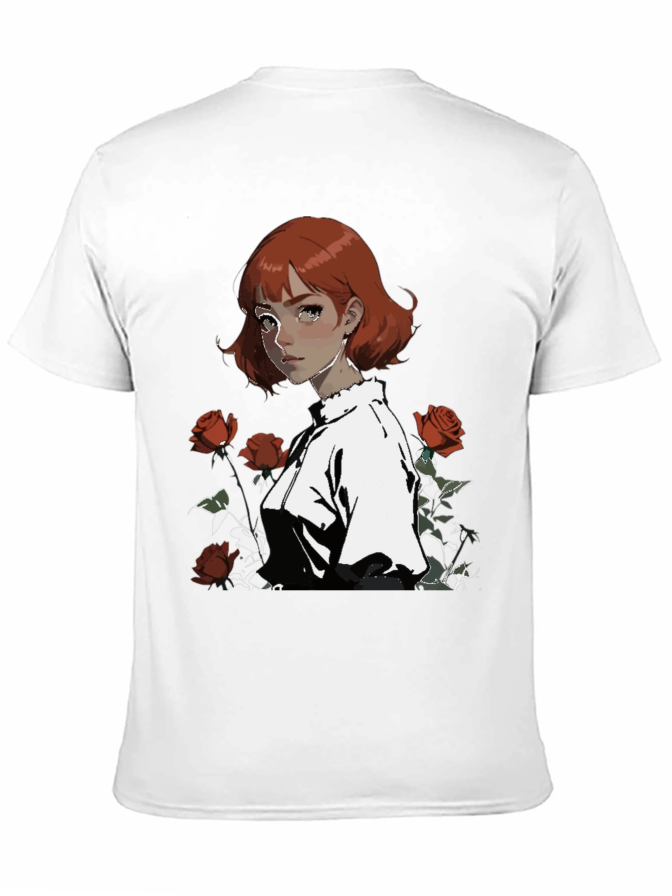 Anime Girl & Roses Graphic Black Tee