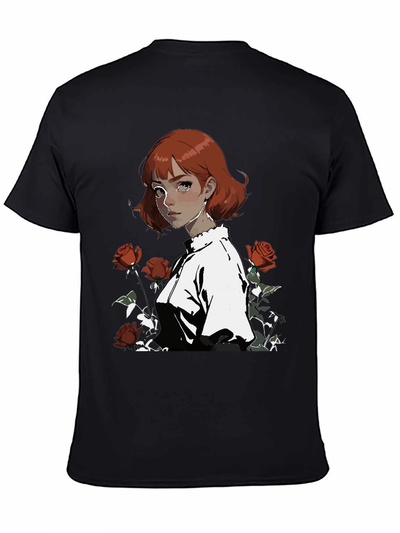 Anime Girl & Roses Graphic Black Tee