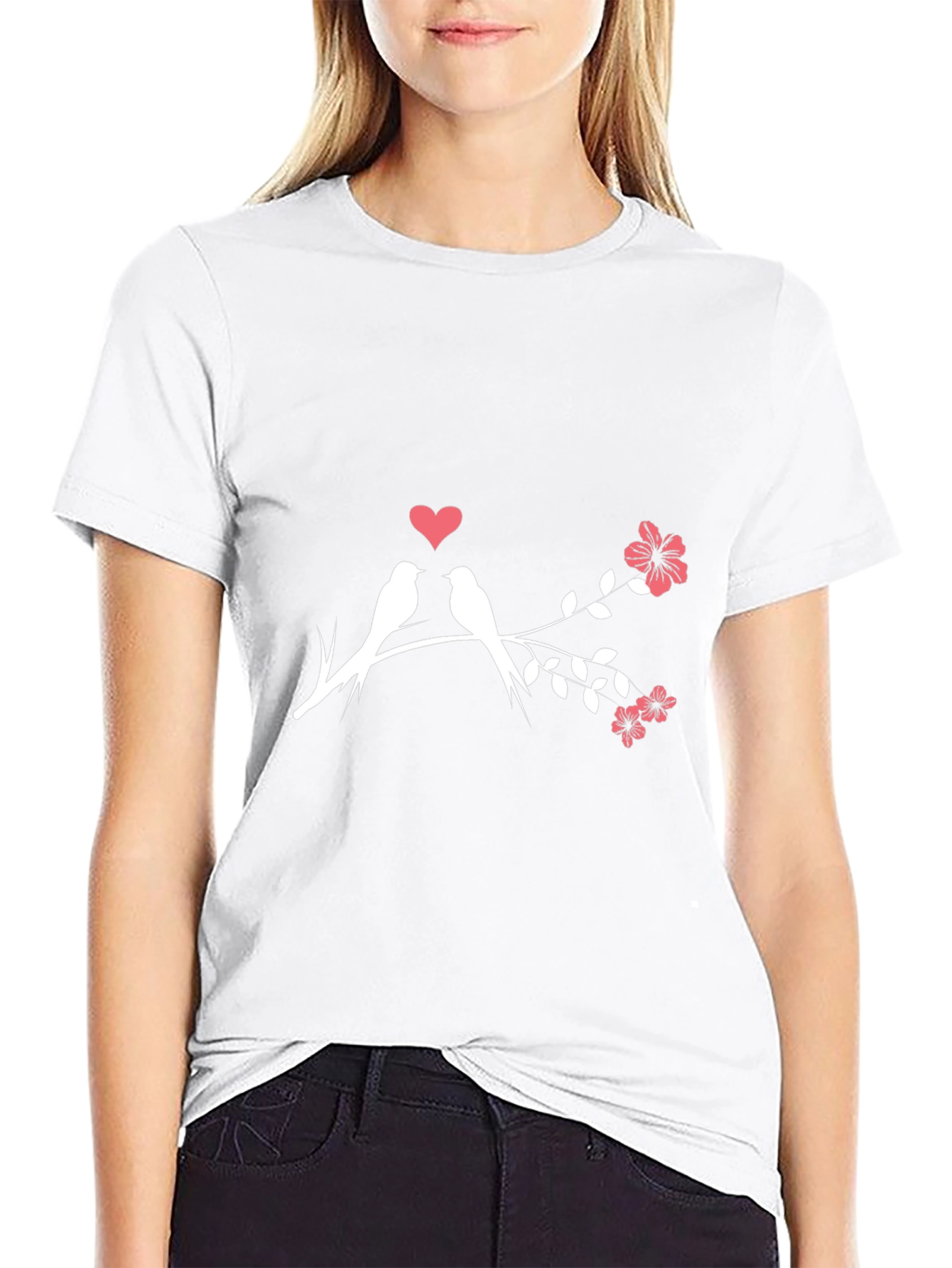 Love Birds T-Shirt - Romantic Floral Design