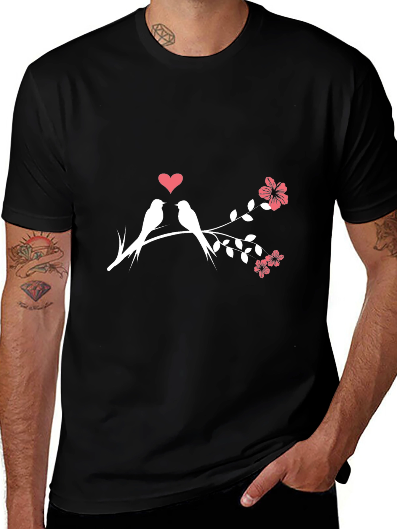Love Birds T-Shirt - Romantic Floral Design
