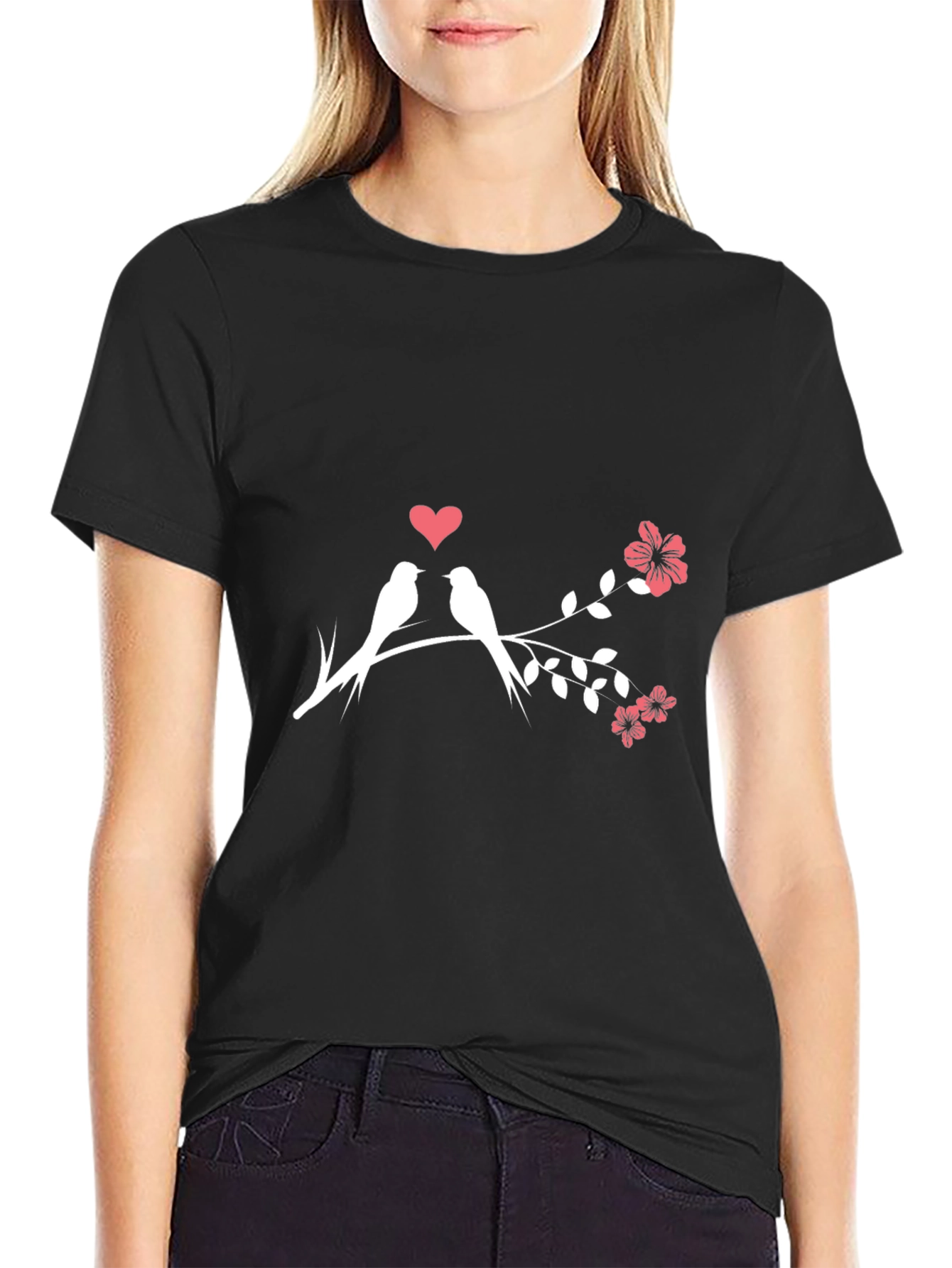 Love Birds T-Shirt - Romantic Floral Design