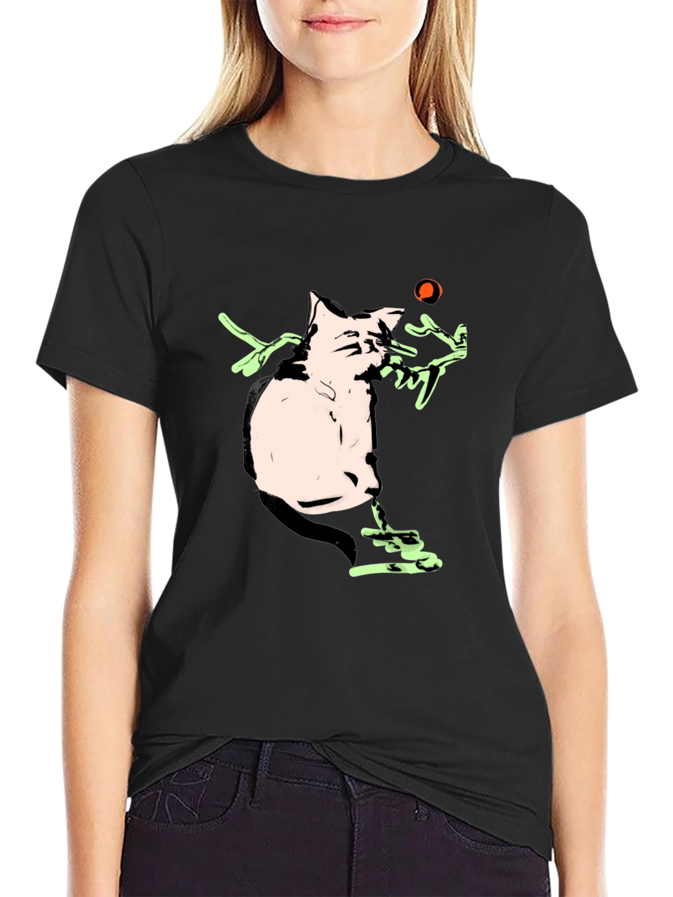 Cartoon Cat Playing With a Ball Black T-Shirt