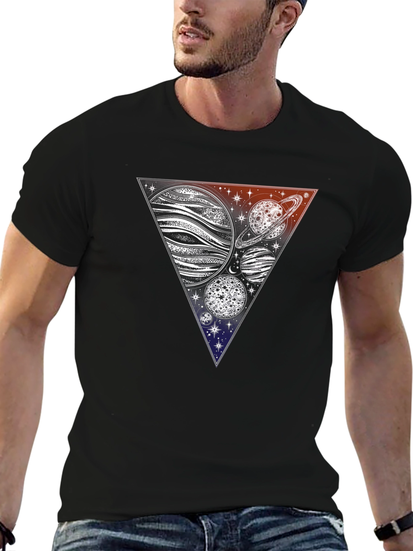 Cosmic Triangle Tee - Planets & Stars Graphic T-Shirt