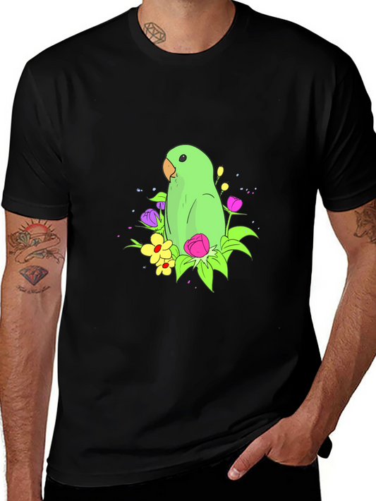 Parrot & Flower Graphic Black T-Shirt