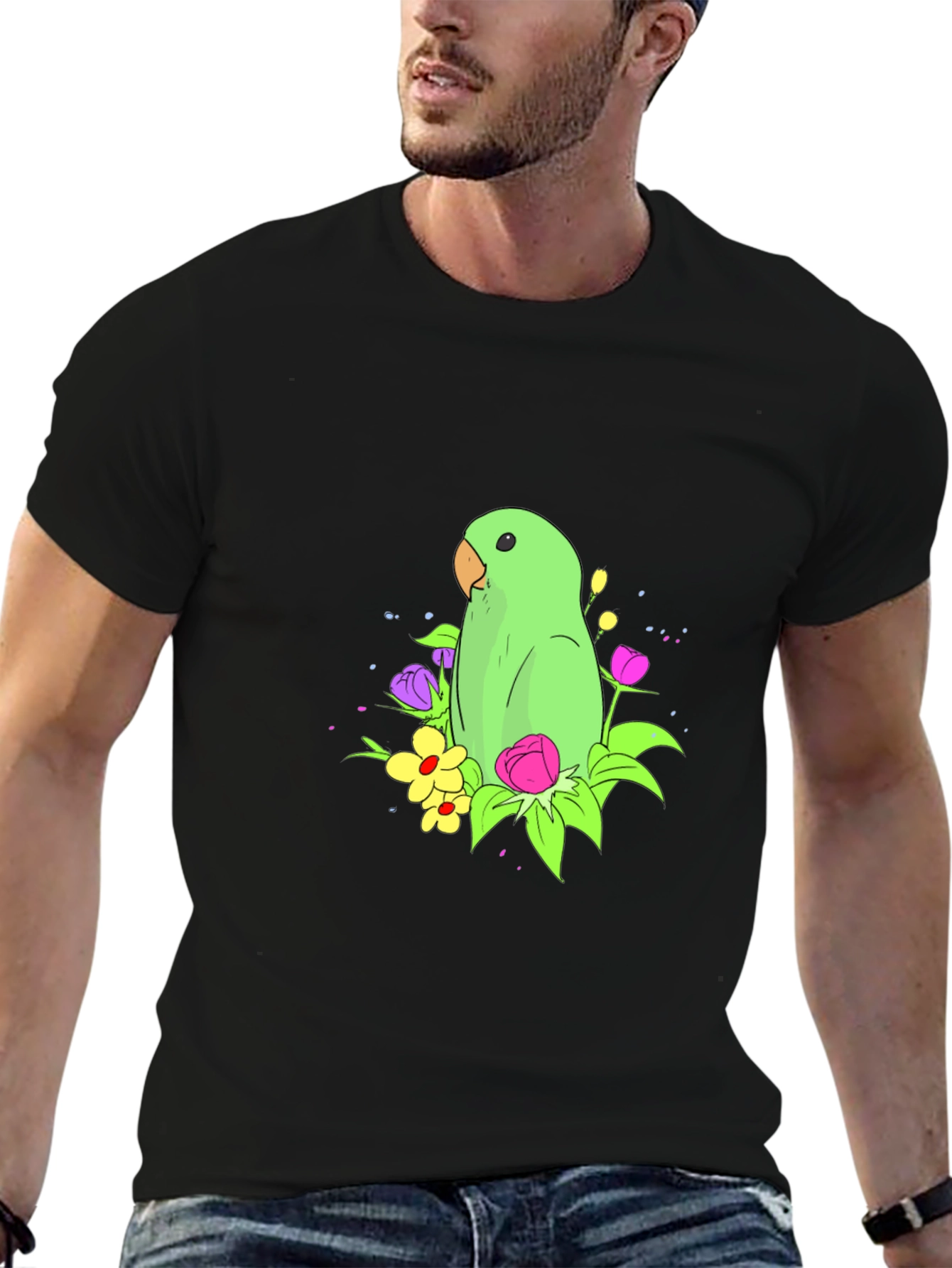 Parrot & Flower Graphic Black T-Shirt