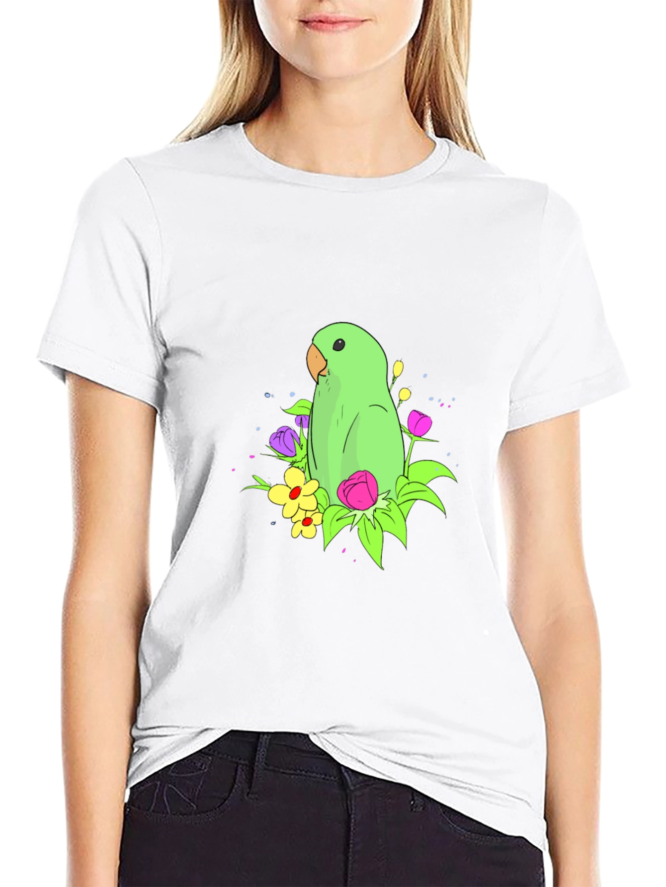 Parrot & Flower Graphic Black T-Shirt