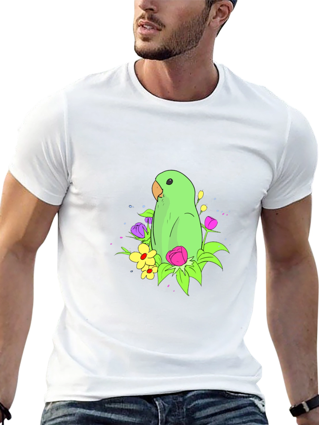Parrot & Flower Graphic Black T-Shirt