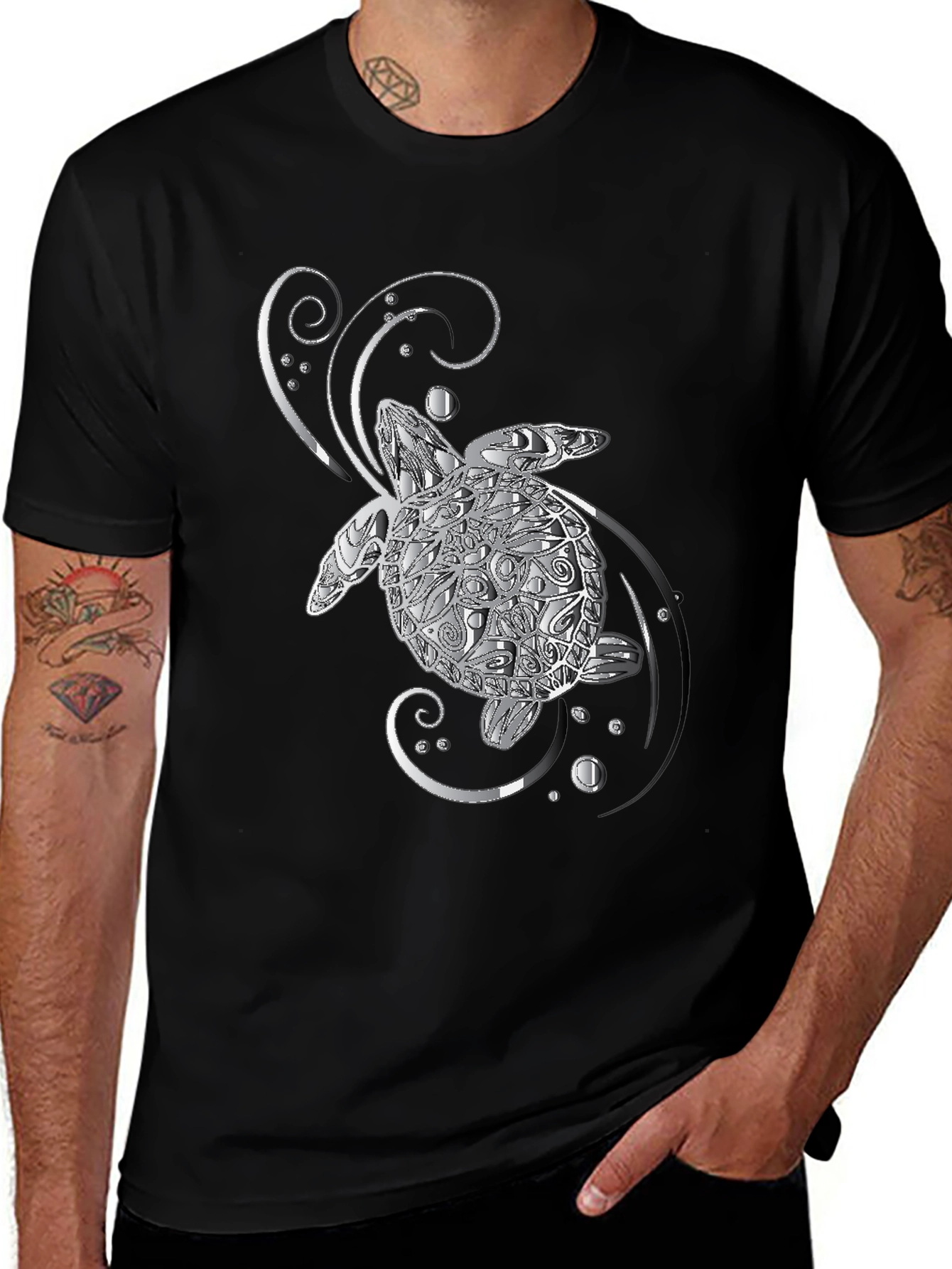 Sea Turtle Graphic T-Shirt - Silver Design on Black