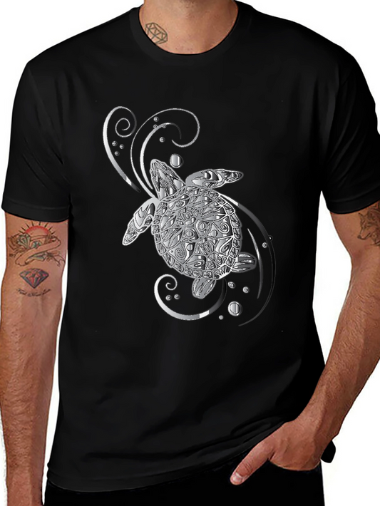 Sea Turtle Graphic T-Shirt - Silver Design on Black